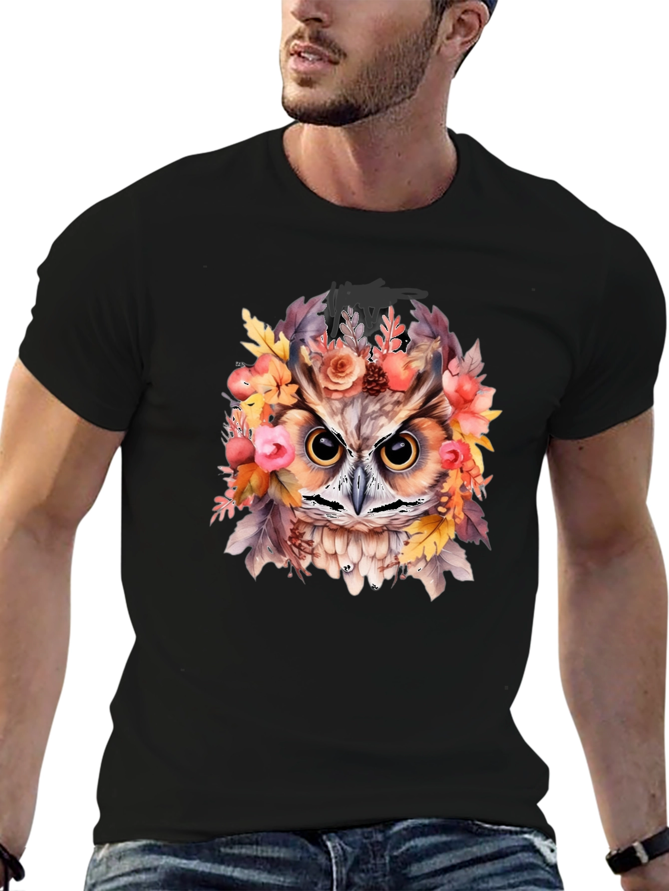 Floral Owl Graphic Print Black T-Shirt