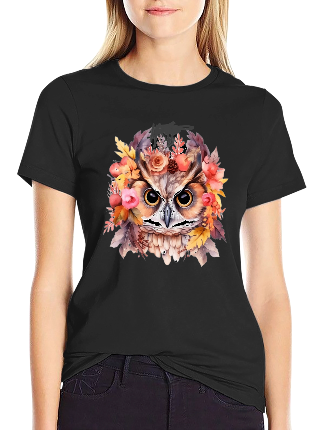 Floral Owl Graphic Print Black T-Shirt