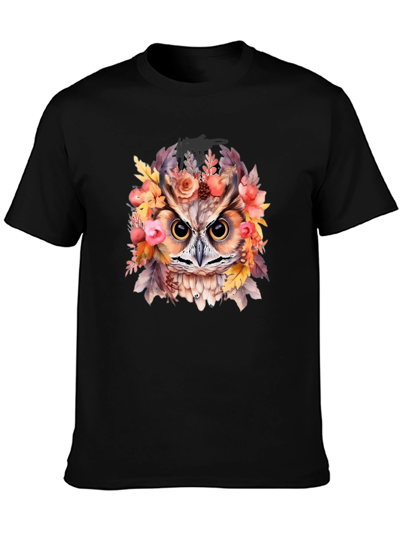 Floral Owl Graphic Print Black T-Shirt