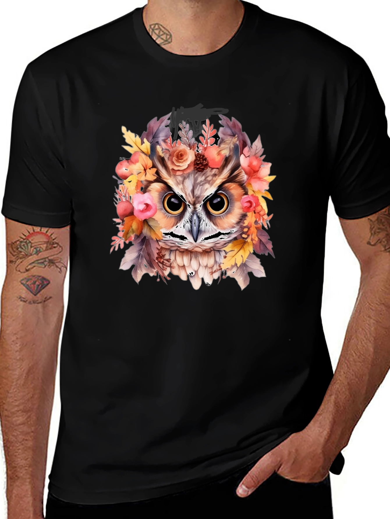 Floral Owl Graphic Print Black T-Shirt