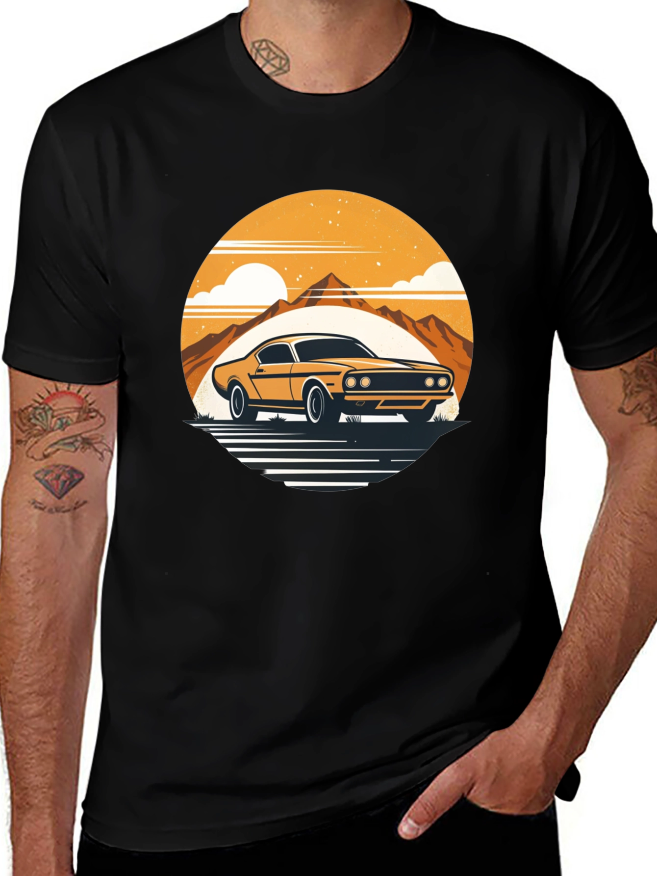 Retro Car Graphic Tee - Mountain Sunset Design