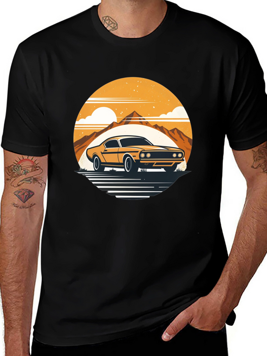Retro Car Graphic Tee - Mountain Sunset Design