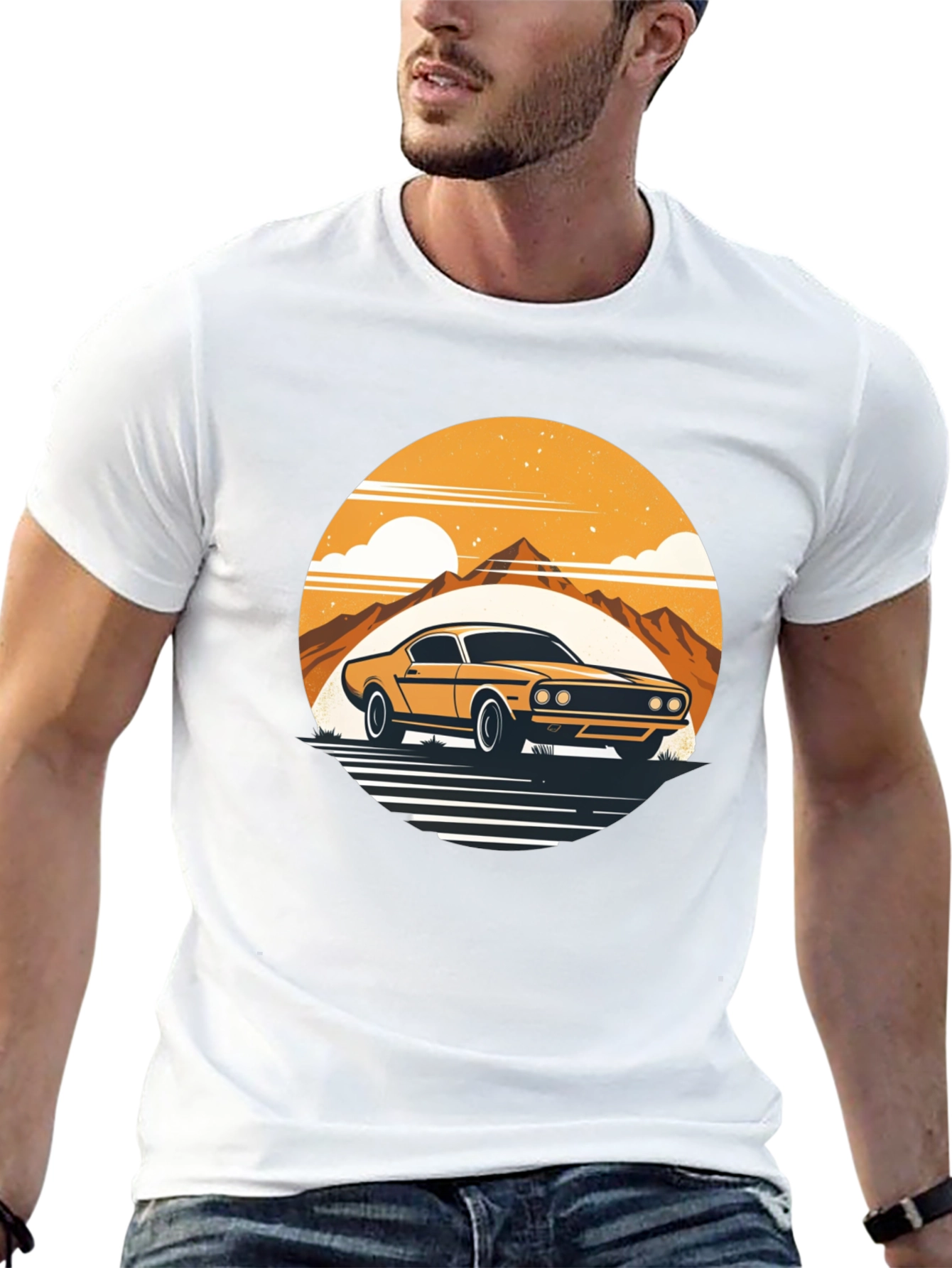 Retro Car Graphic Tee - Mountain Sunset Design