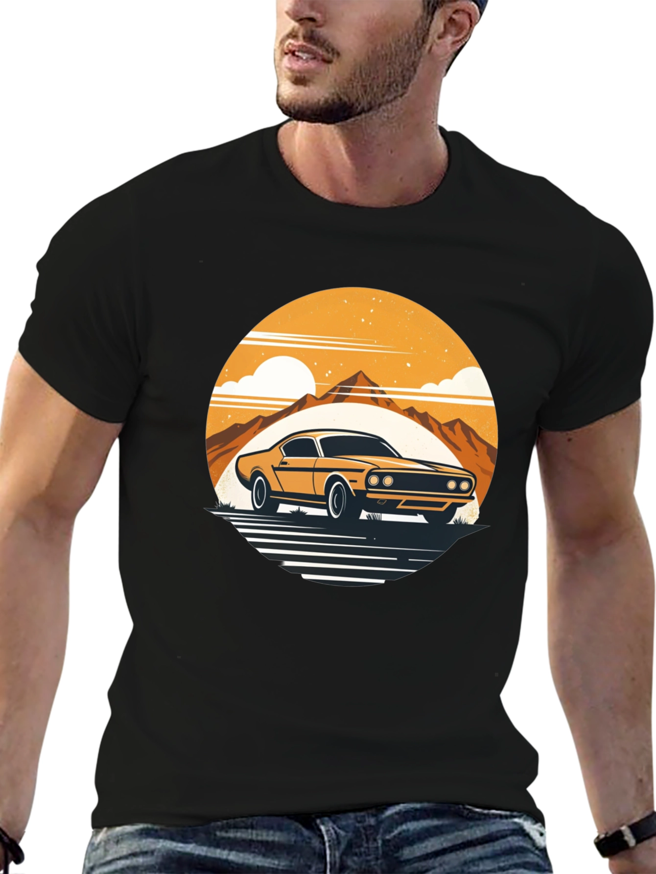 Retro Car Graphic Tee - Mountain Sunset Design