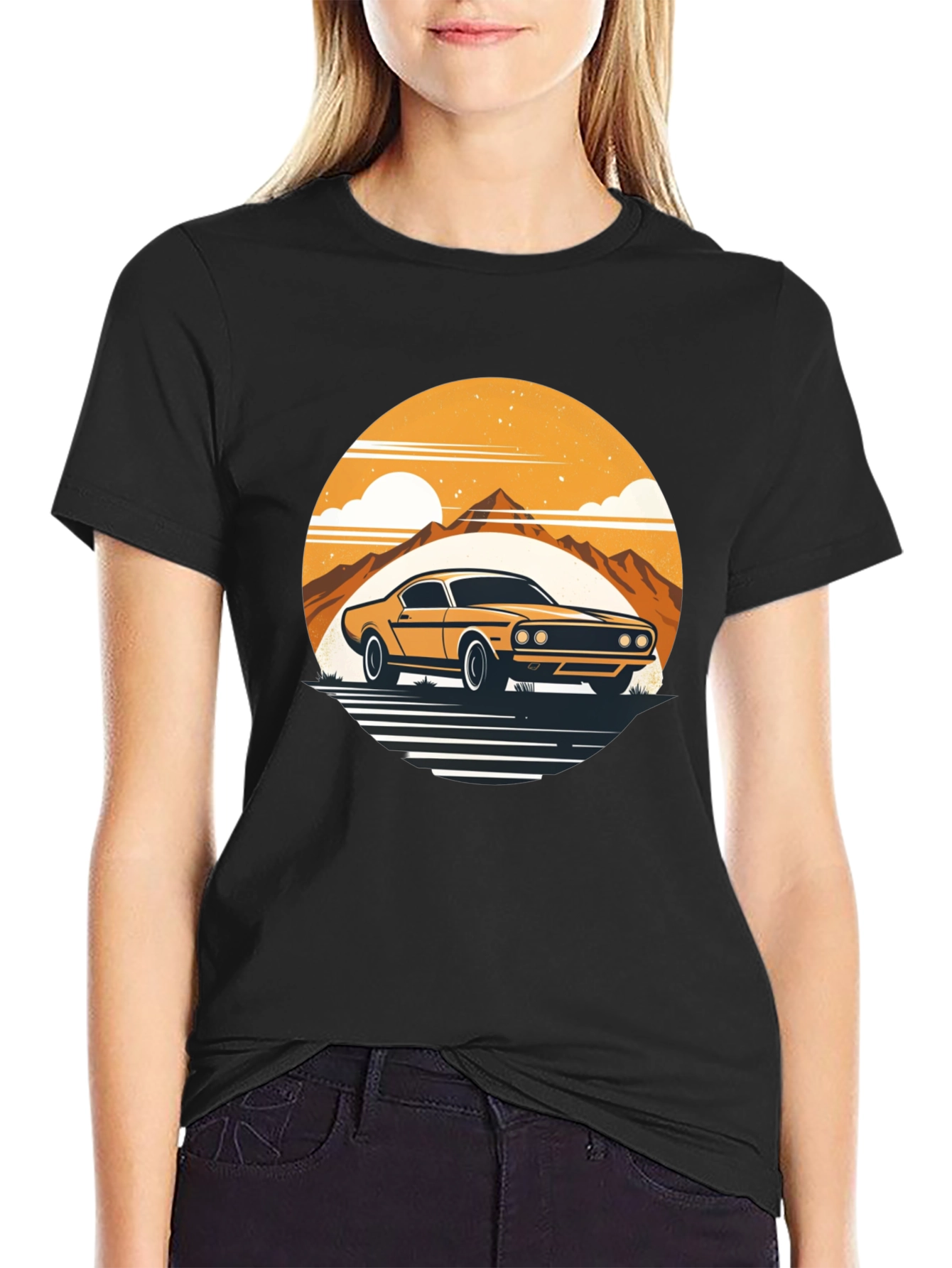 Retro Car Graphic Tee - Mountain Sunset Design