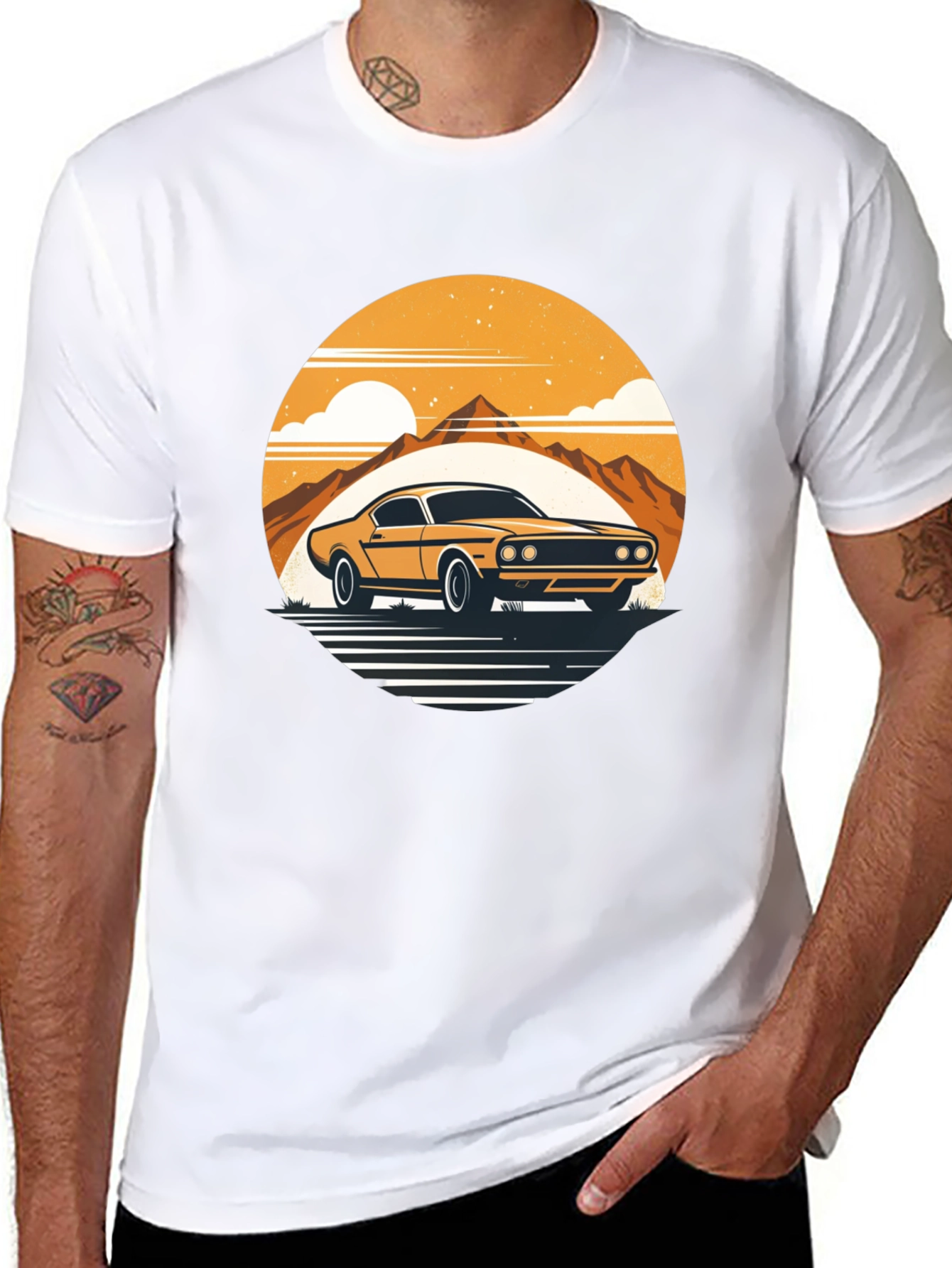 Retro Car Graphic Tee - Mountain Sunset Design