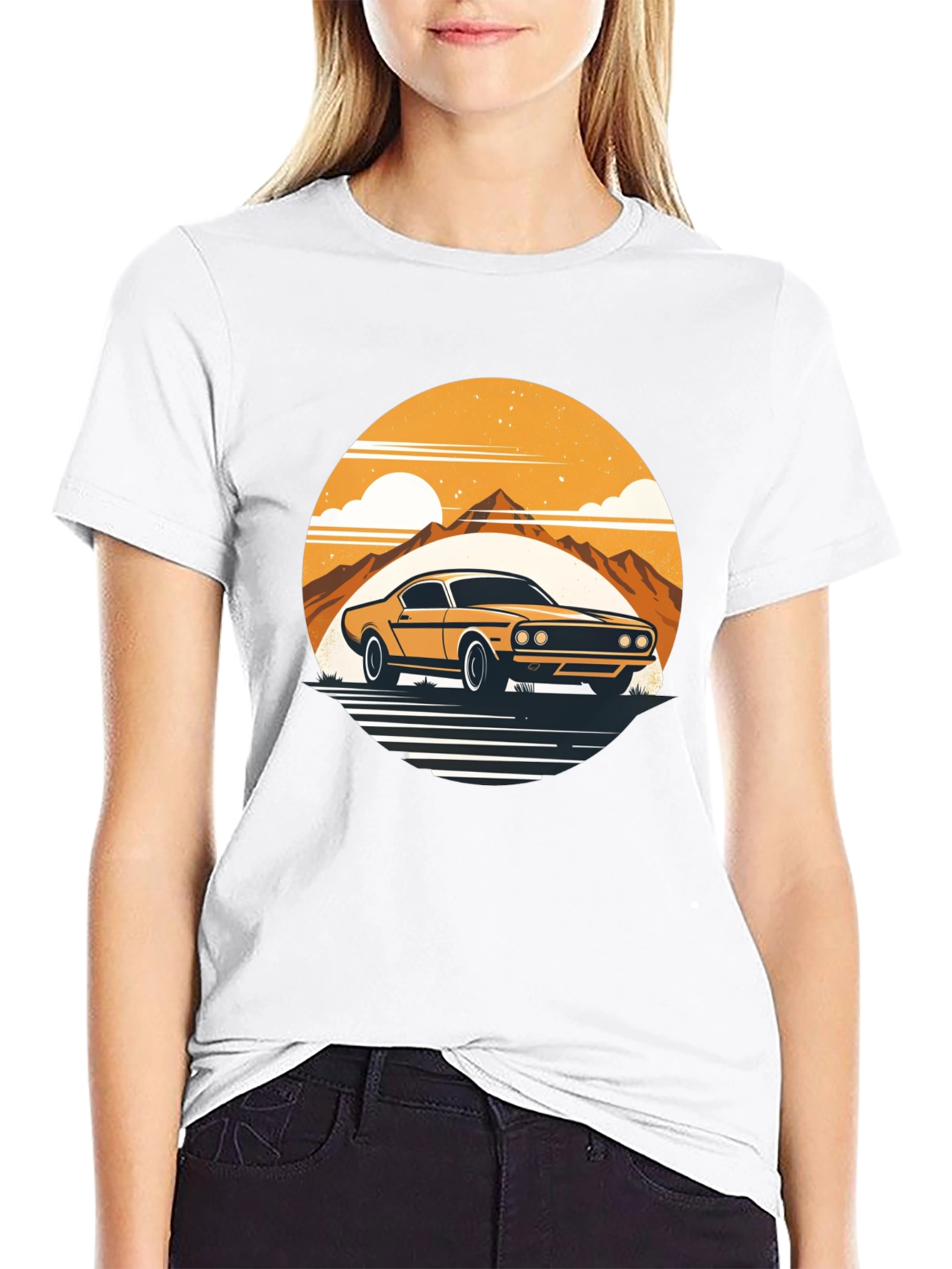 Retro Car Graphic Tee - Mountain Sunset Design