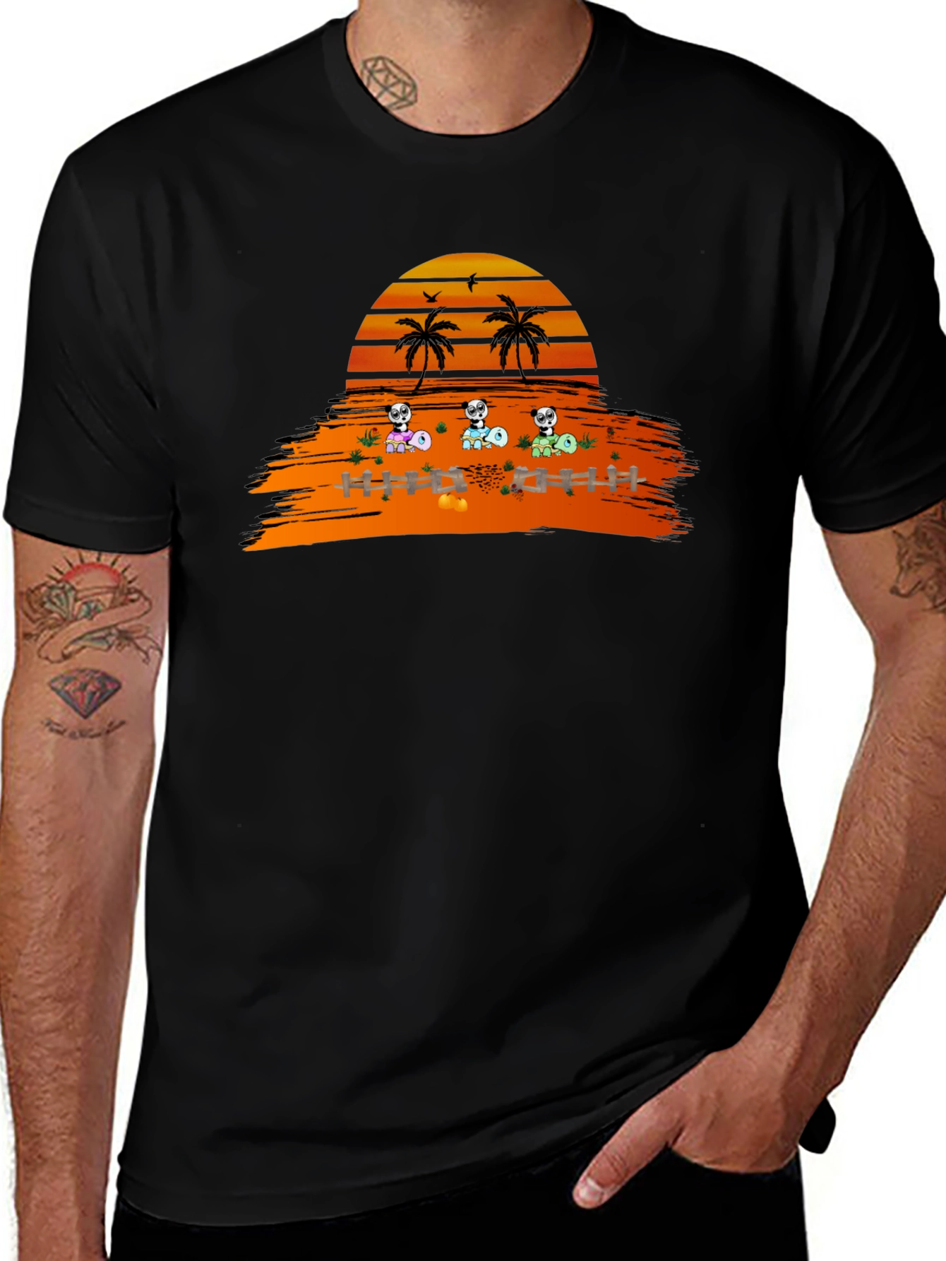 Sunset Panda Crew Black T-Shirt