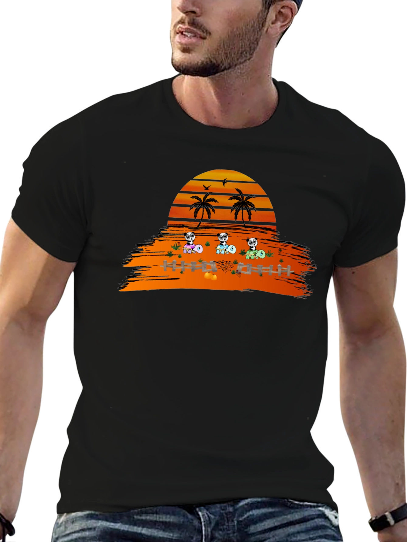 Sunset Panda Crew Black T-Shirt