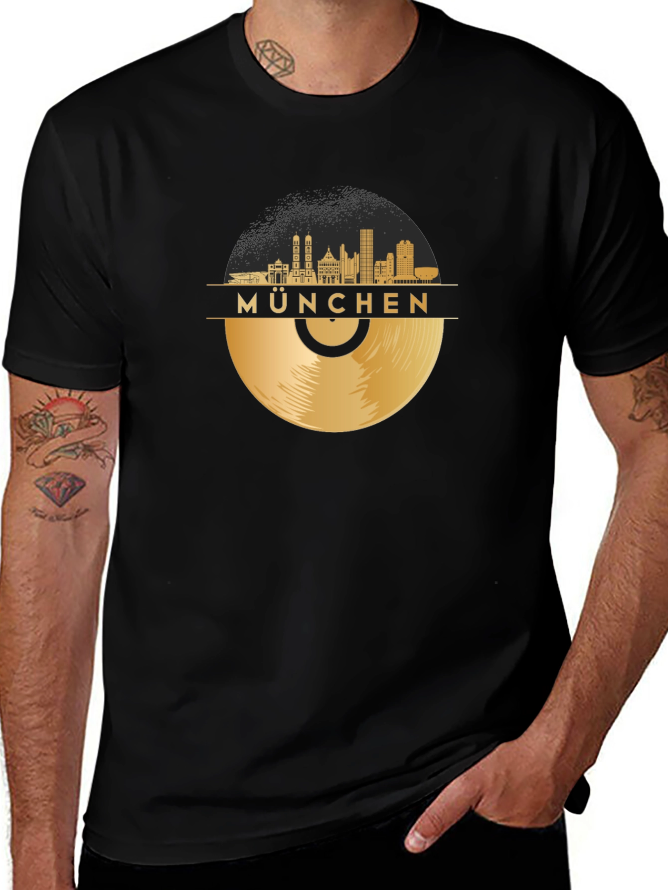 Munchen Skyline Vinyl Record Black T-Shirt
