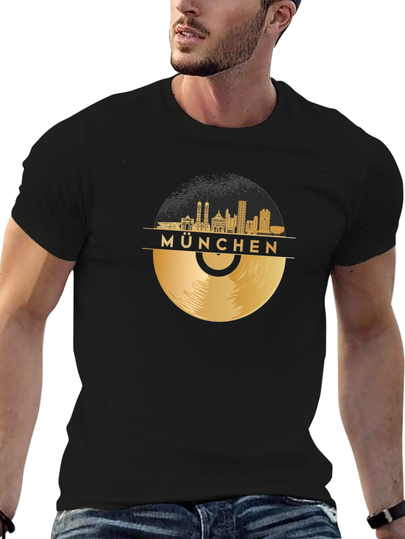 Munchen Skyline Vinyl Record Black T-Shirt