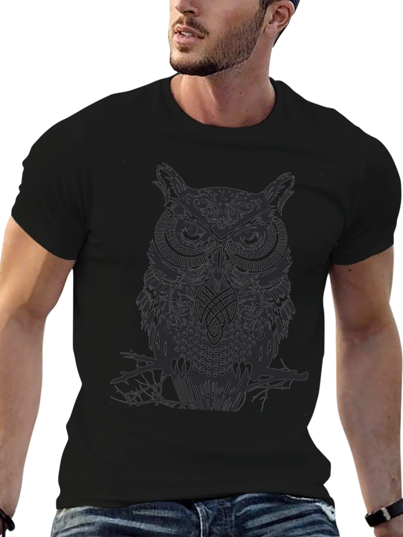 Mens Owl Graphic Print Black Crew Neck T-Shirt