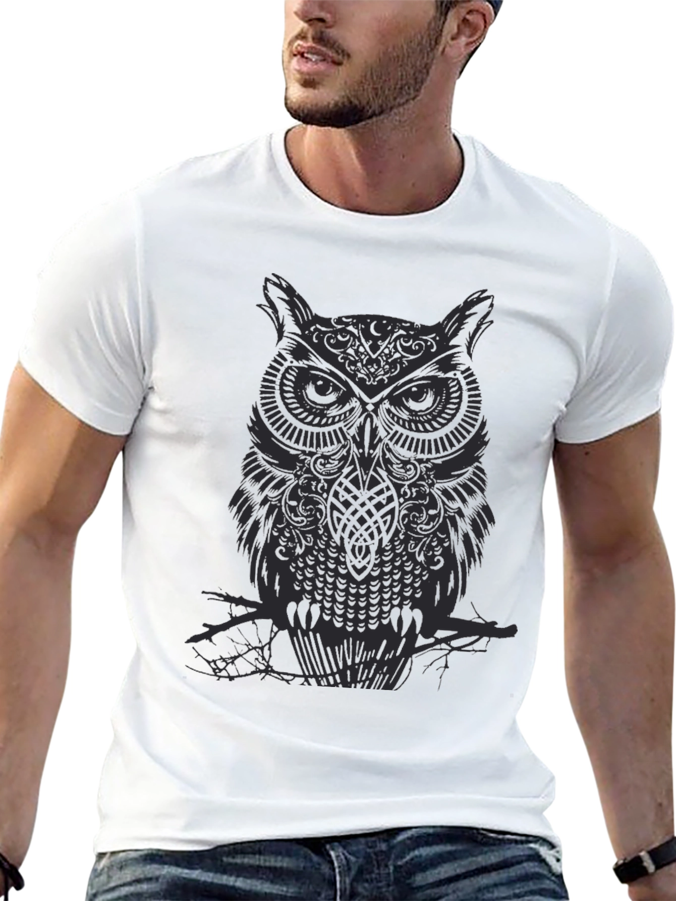 Mens Owl Graphic Print Black Crew Neck T-Shirt