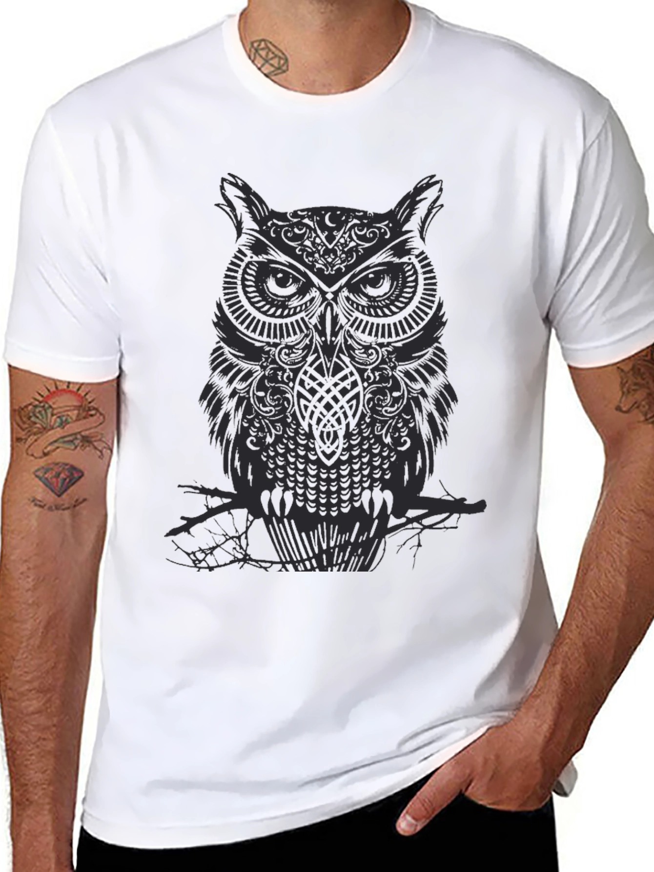 Mens Owl Graphic Print Black Crew Neck T-Shirt