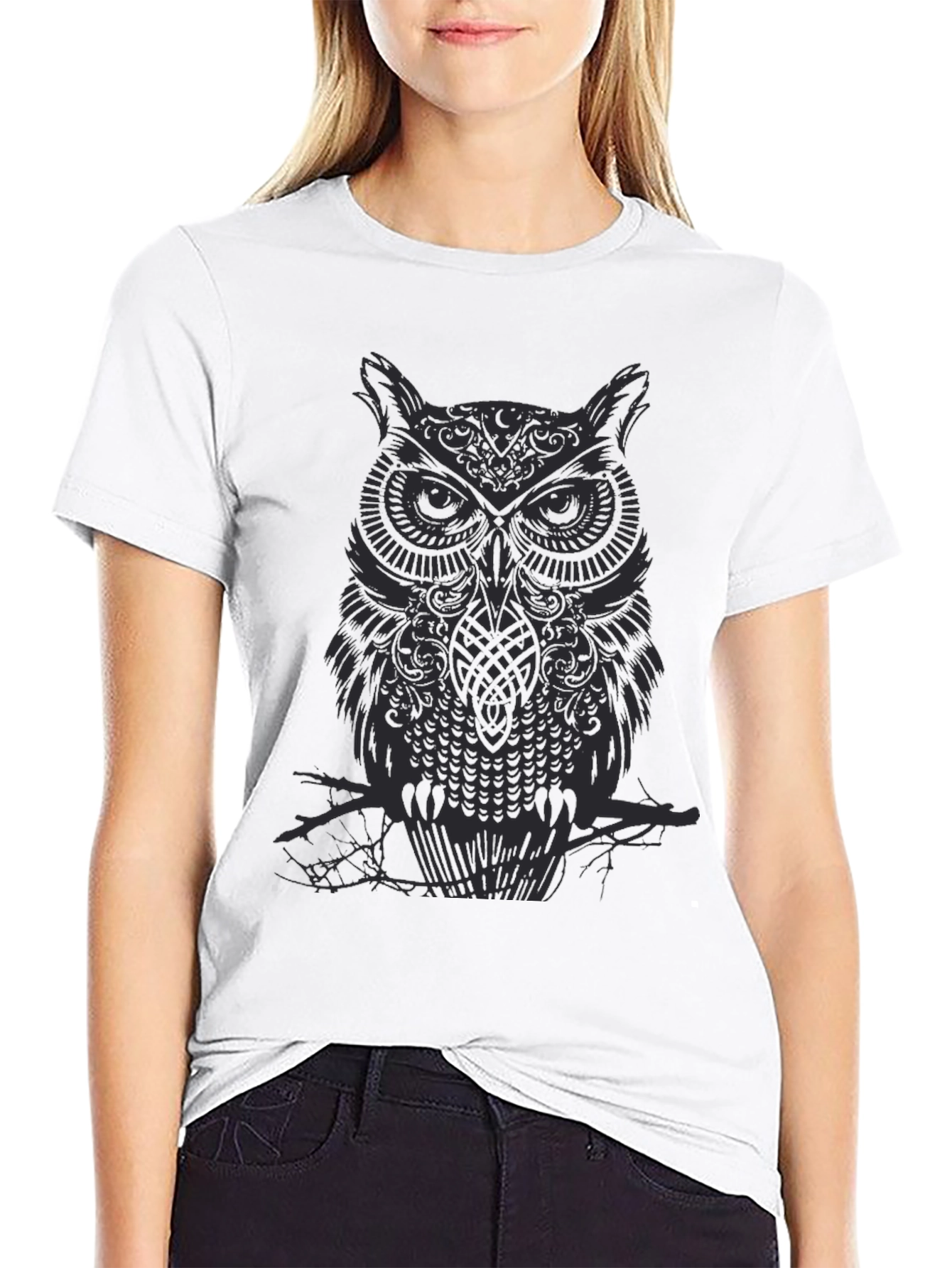 Mens Owl Graphic Print Black Crew Neck T-Shirt