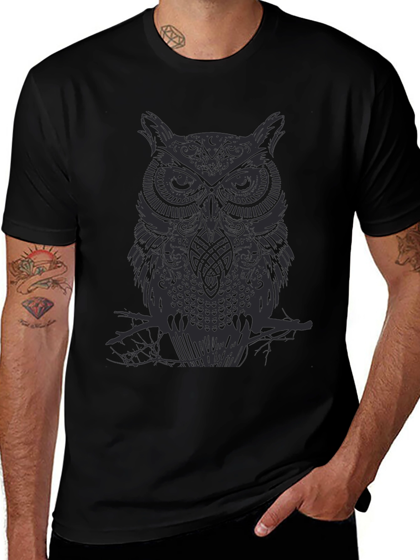 Mens Owl Graphic Print Black Crew Neck T-Shirt