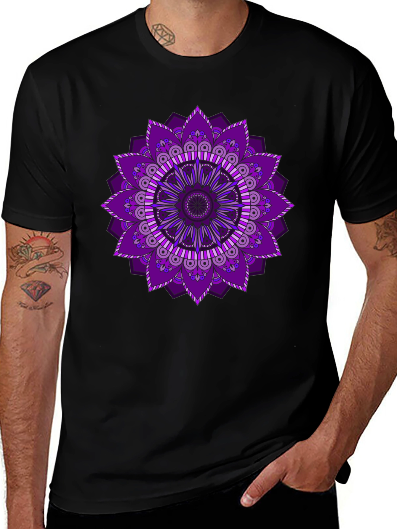 Purple Mandala Print Black T-Shirt