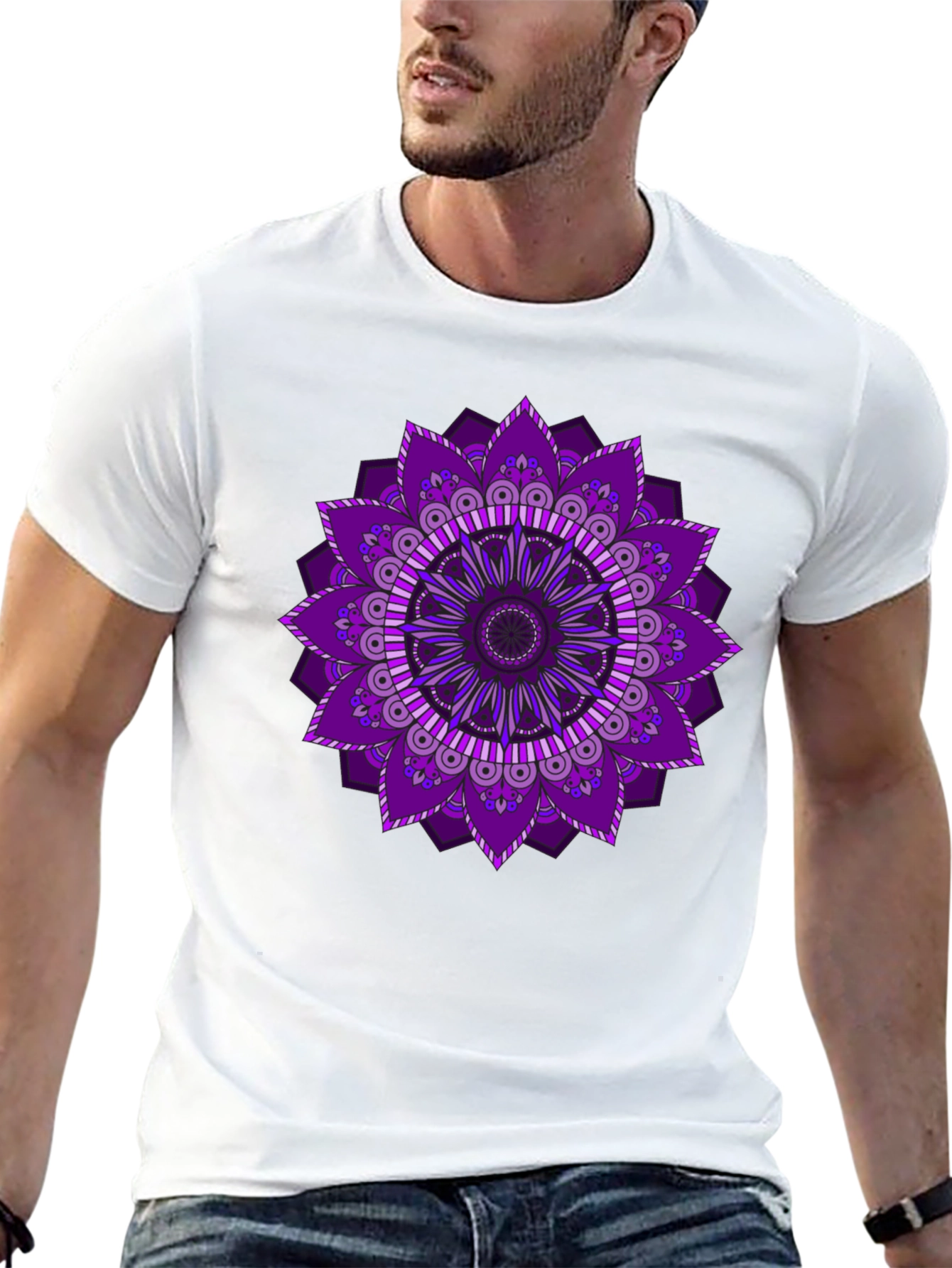 Purple Mandala Print Black T-Shirt