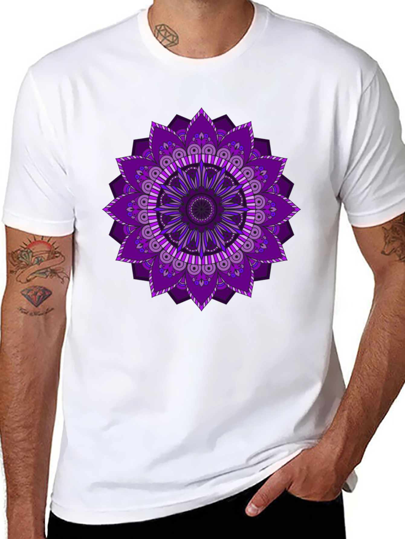 Purple Mandala Print Black T-Shirt