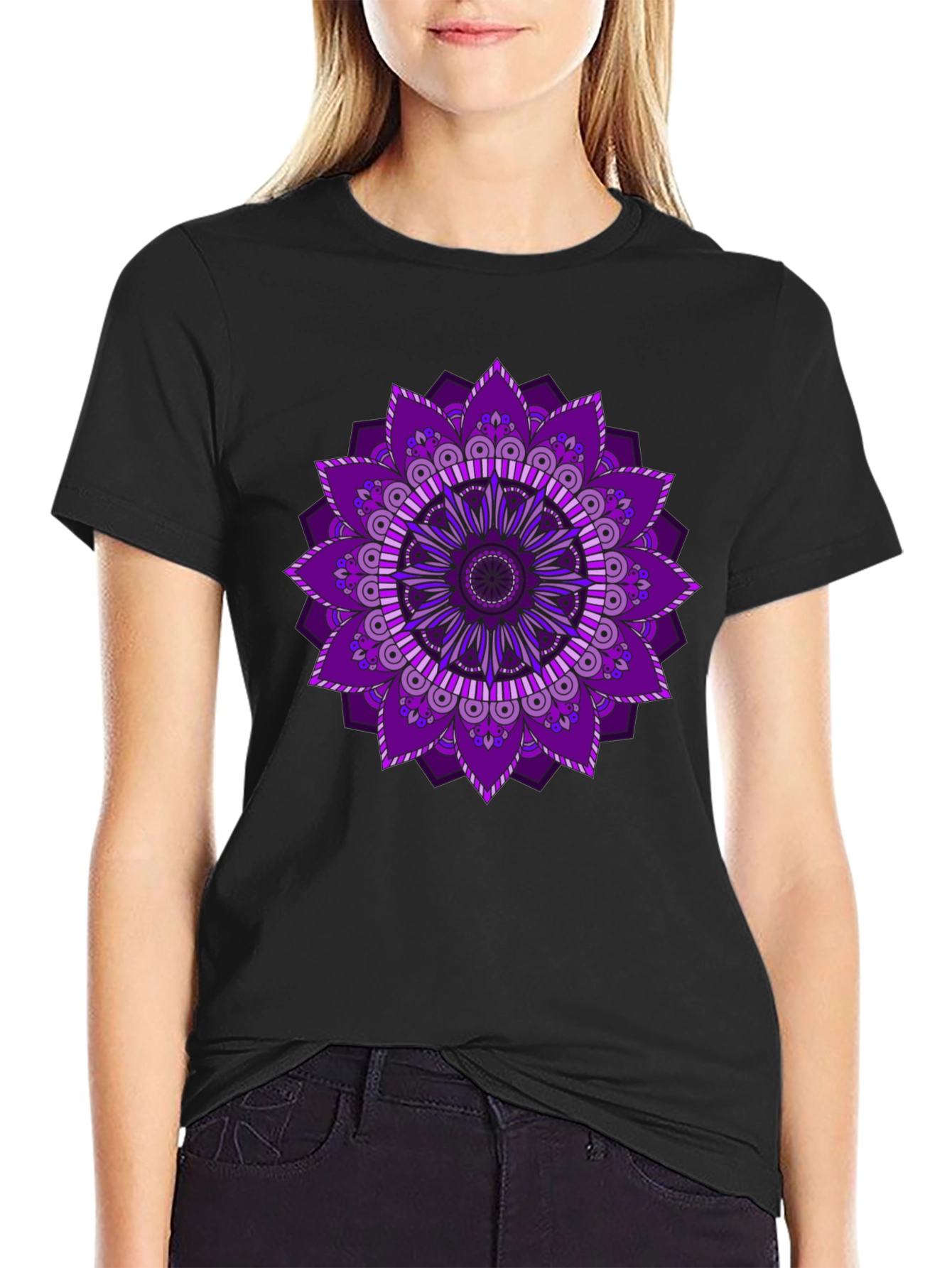 Purple Mandala Print Black T-Shirt