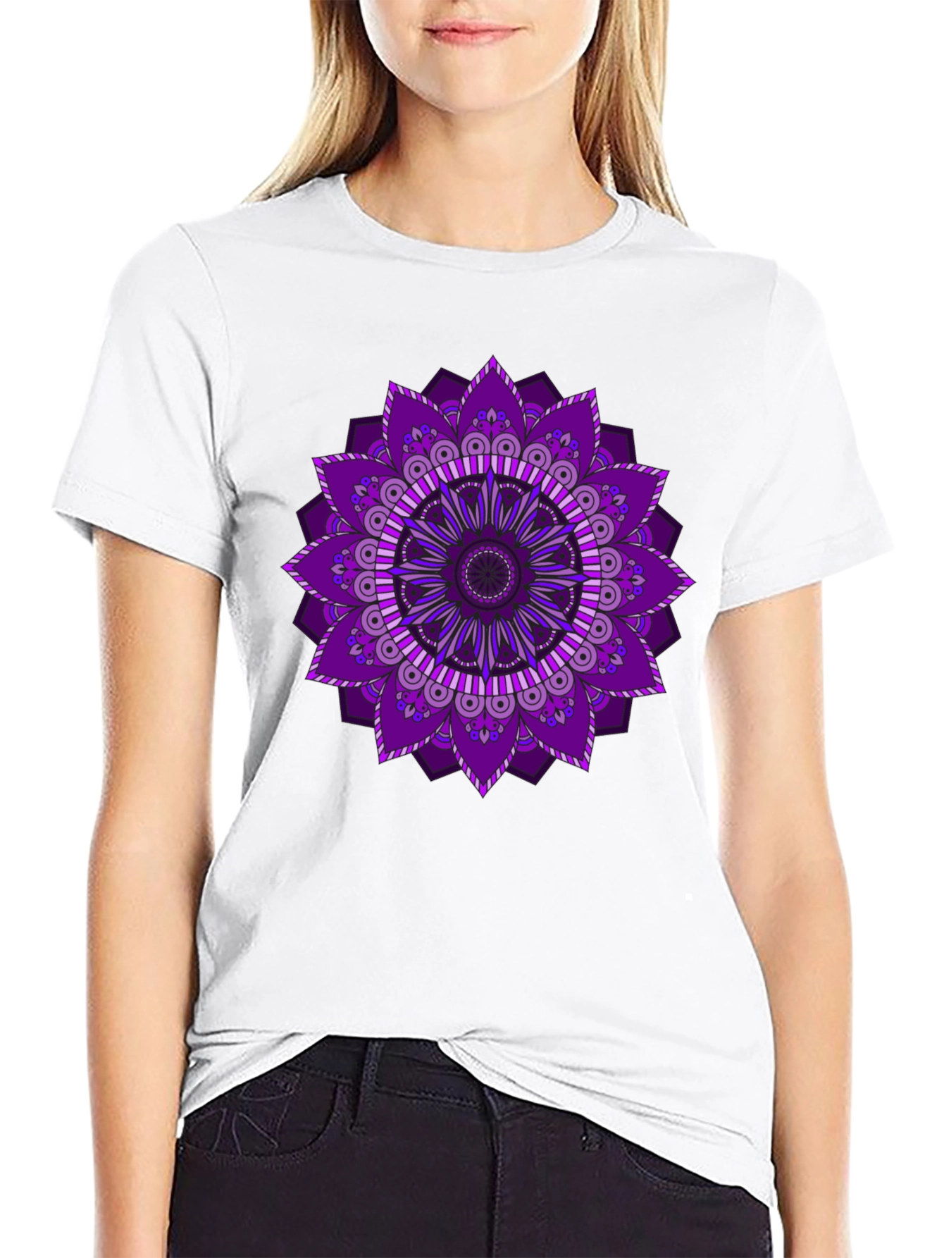 Purple Mandala Print Black T-Shirt