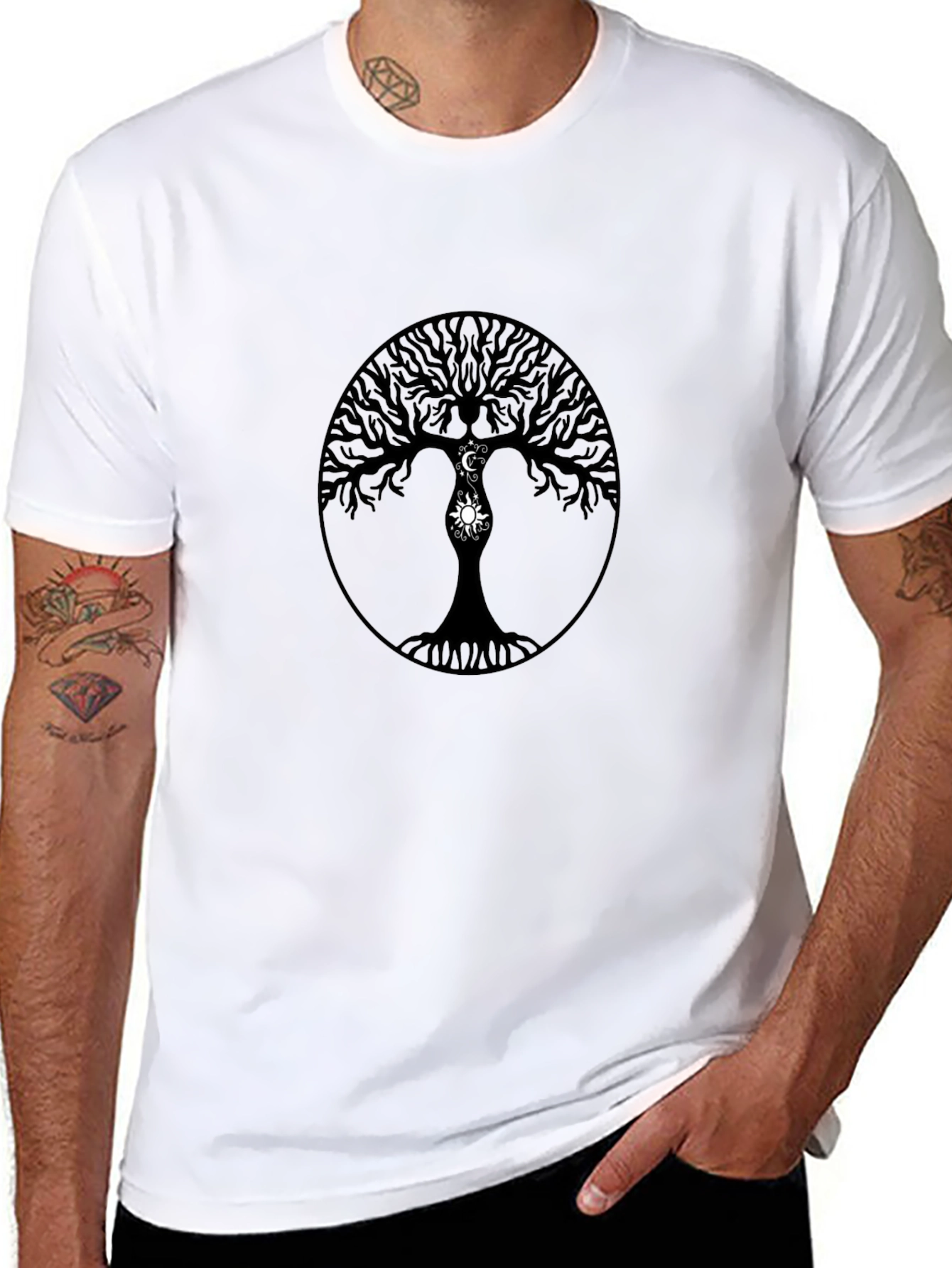 Cosmic Tree Black T-Shirt - Moon and Sun Design