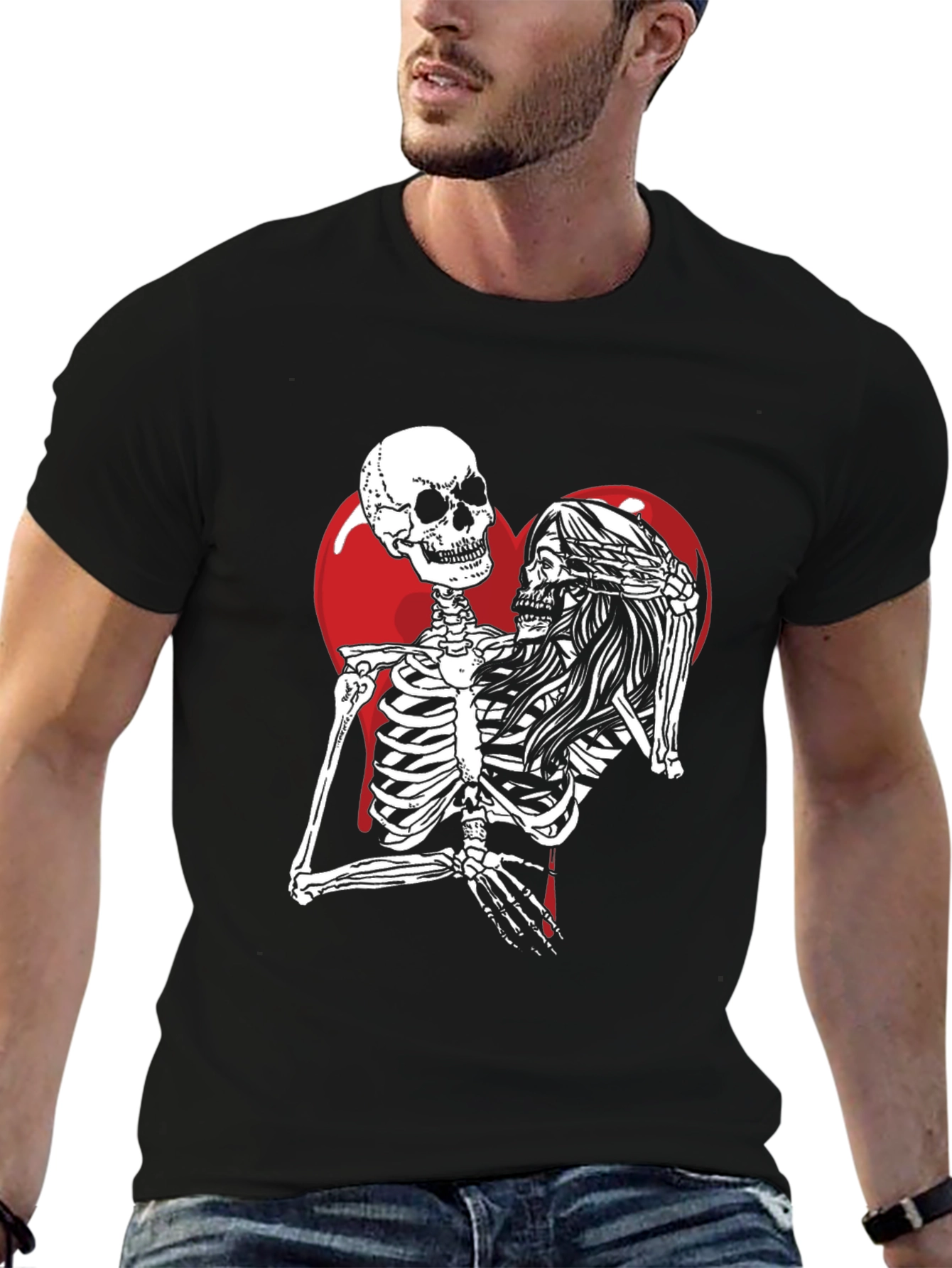 Skeleton Couple Heart Graphic T-Shirt