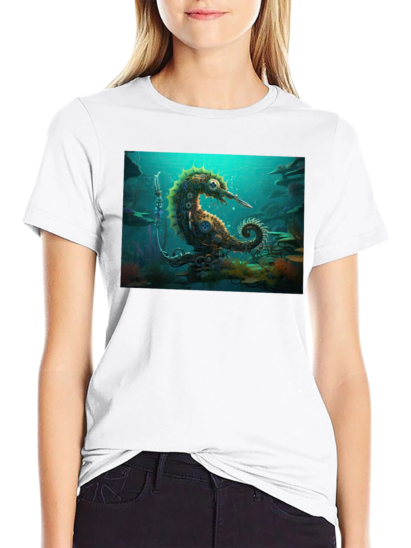 Steampunk Seahorse Black T-Shirt
