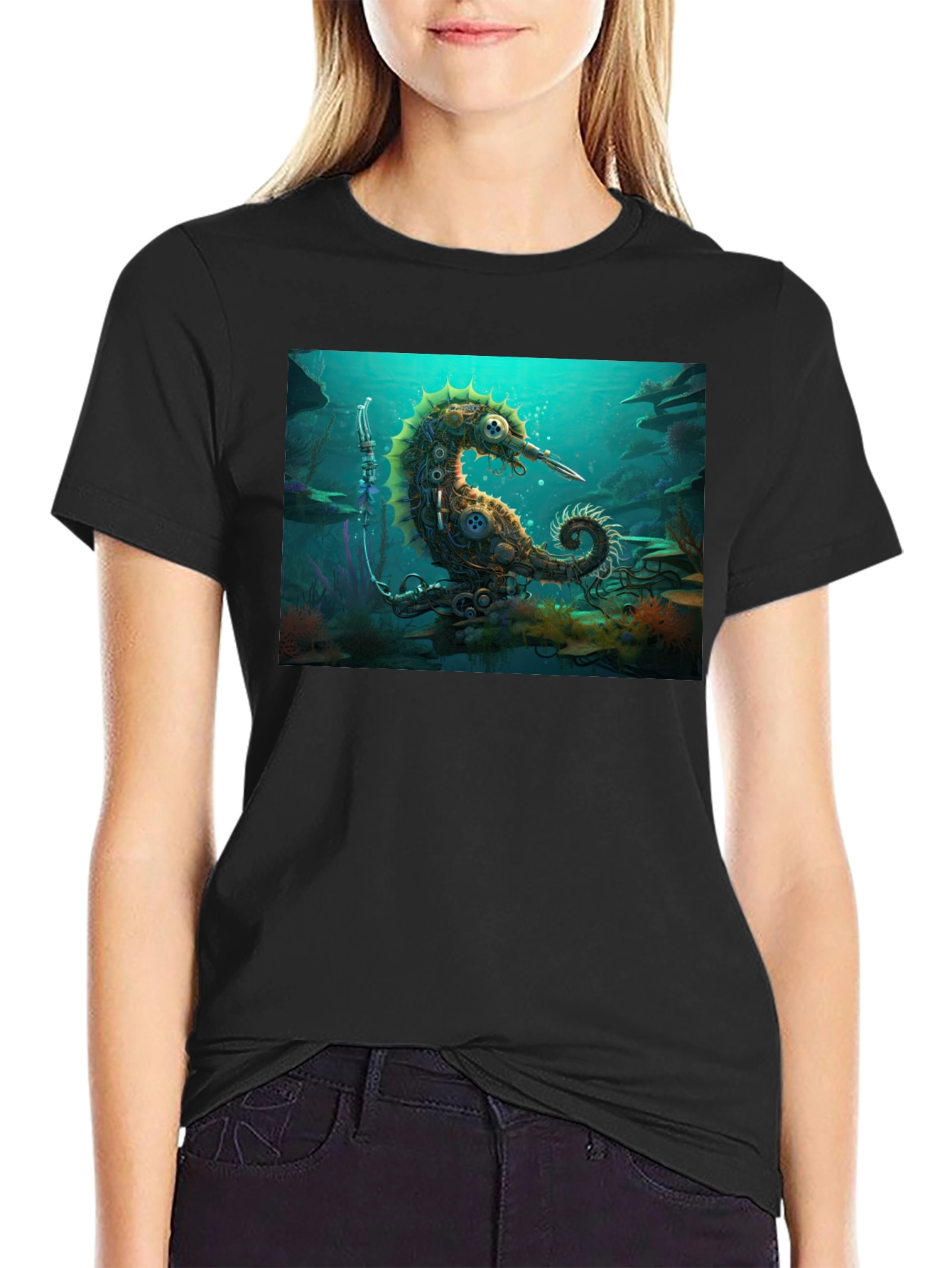 Steampunk Seahorse Black T-Shirt