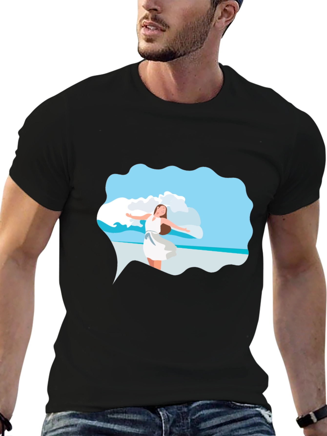 Black Tee - Beach Scene Graphic