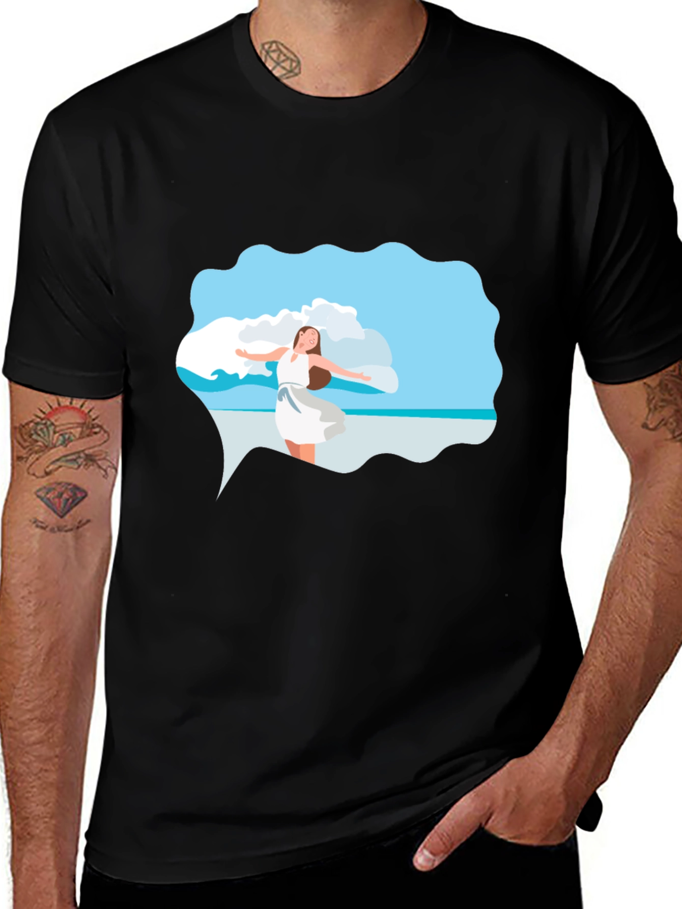 Black Tee - Beach Scene Graphic