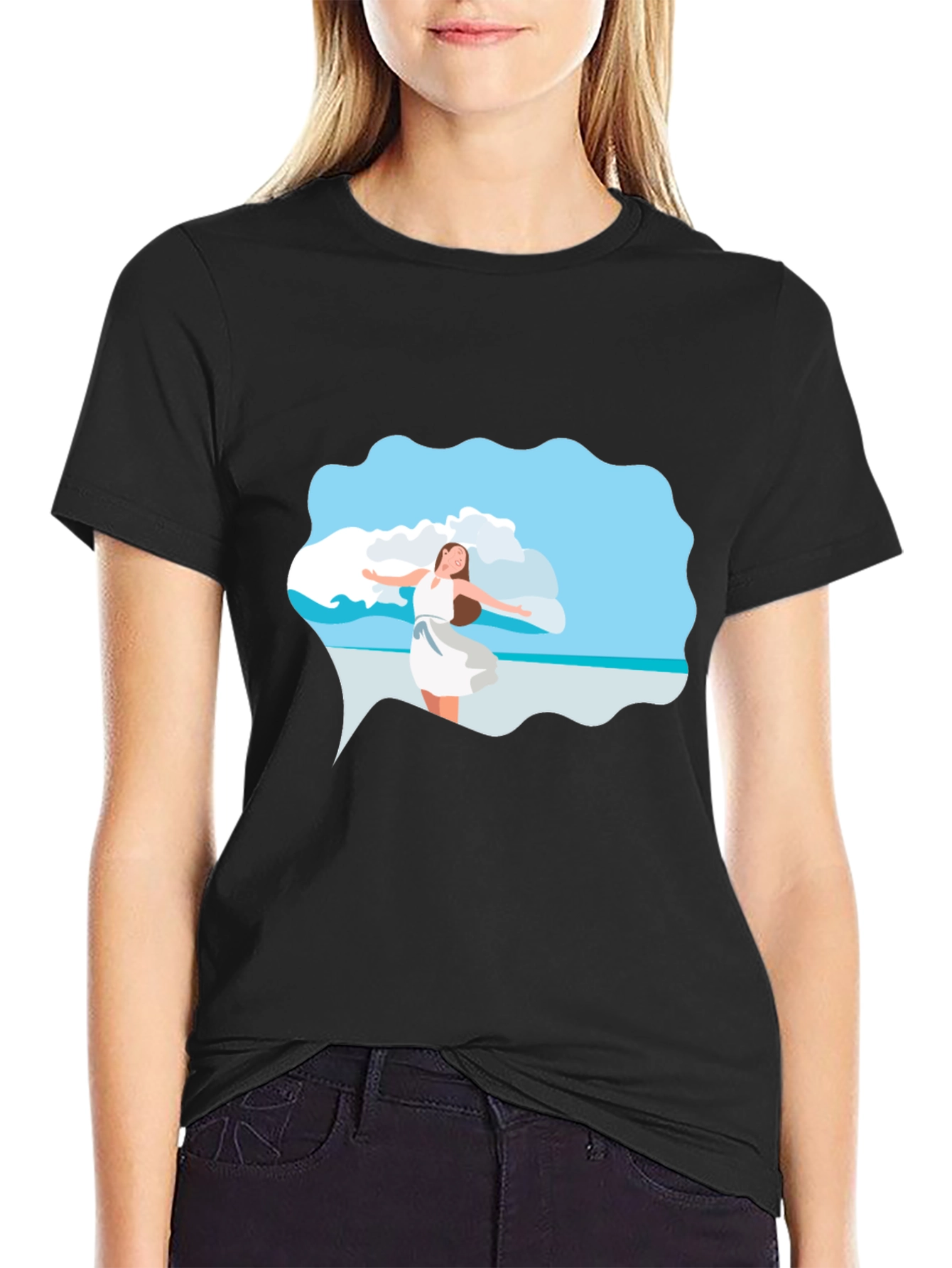 Black Tee - Beach Scene Graphic