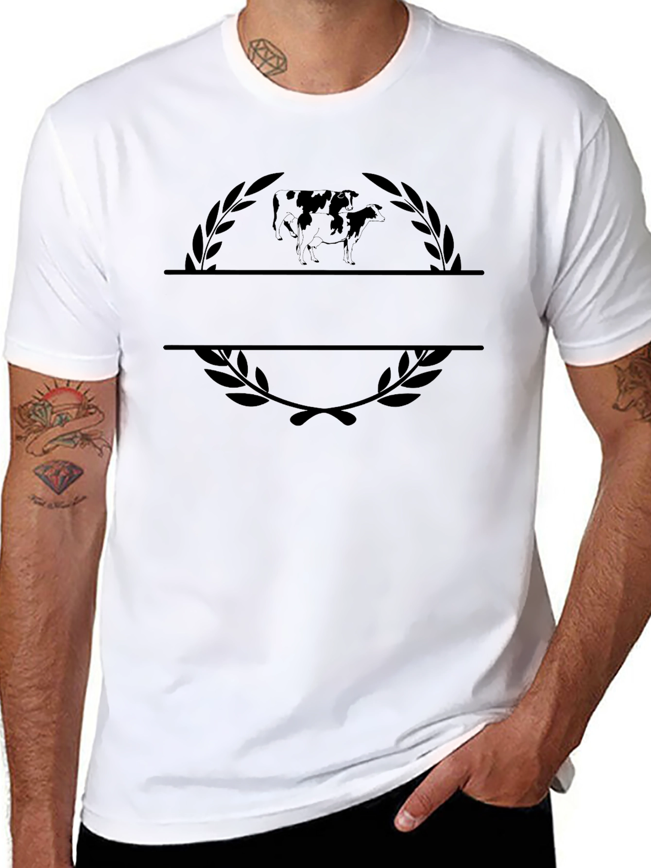 Black Graphic Tee with Cow Motif and Laurel Design