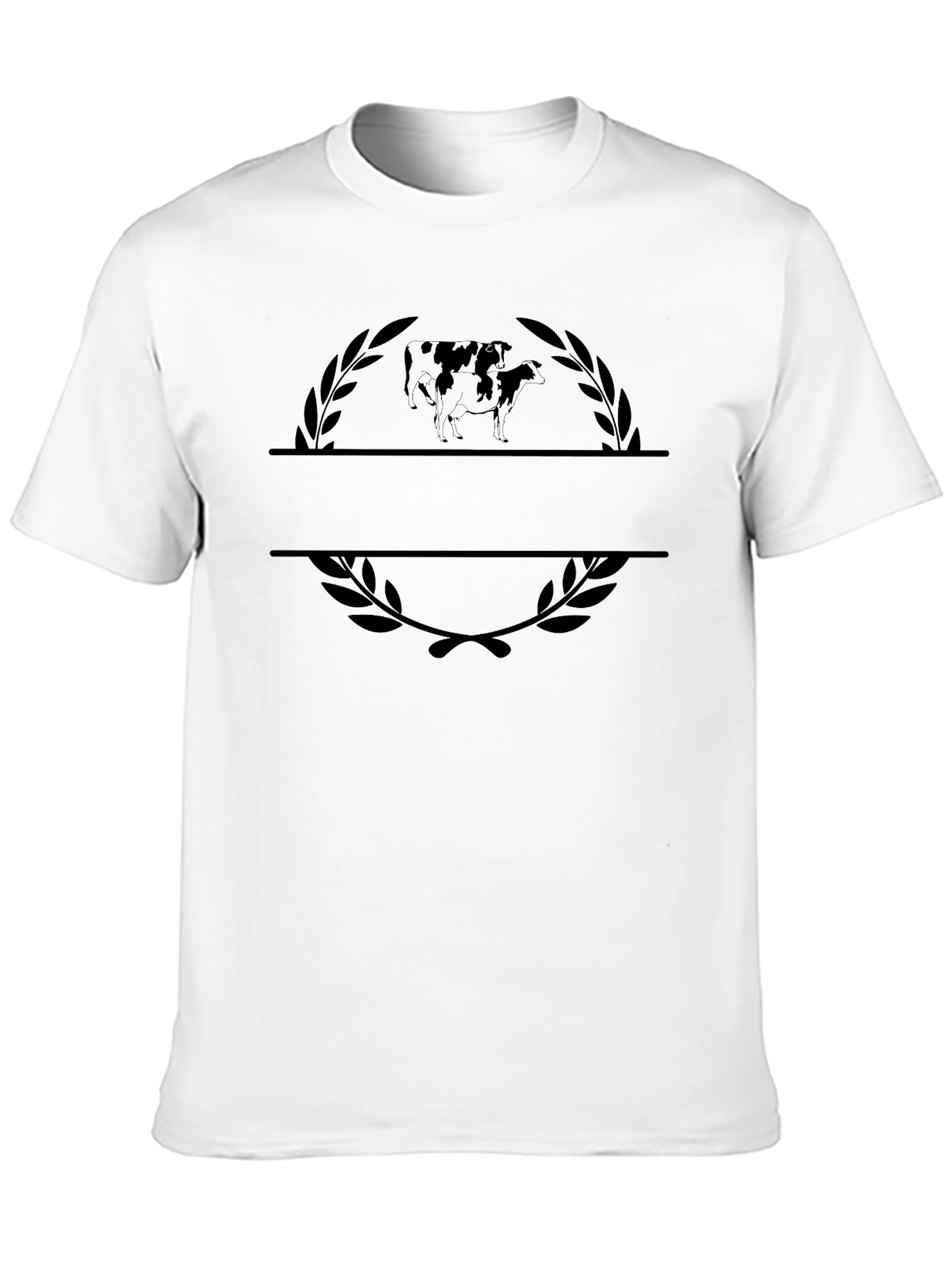 Black Graphic Tee with Cow Motif and Laurel Design