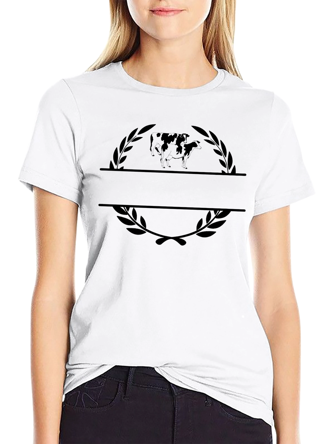 Black Graphic Tee with Cow Motif and Laurel Design