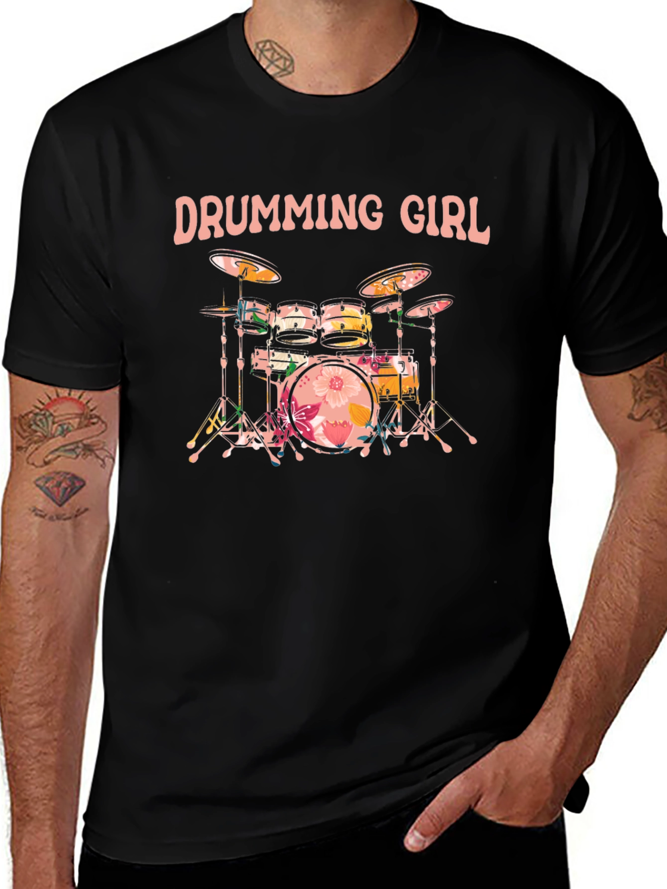 Drumming Girl Floral Drums Black T-Shirt