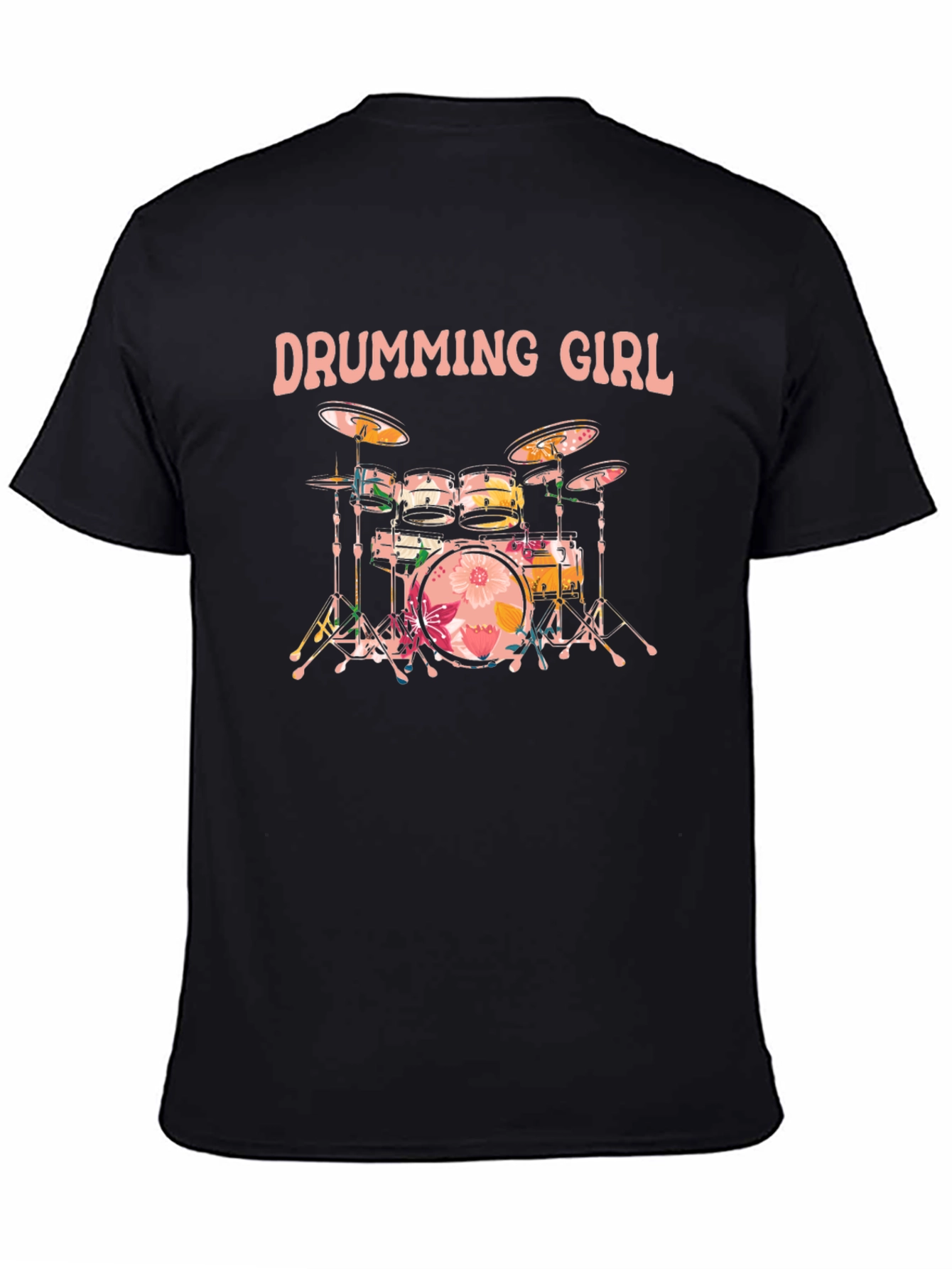 Drumming Girl Floral Drums Black T-Shirt
