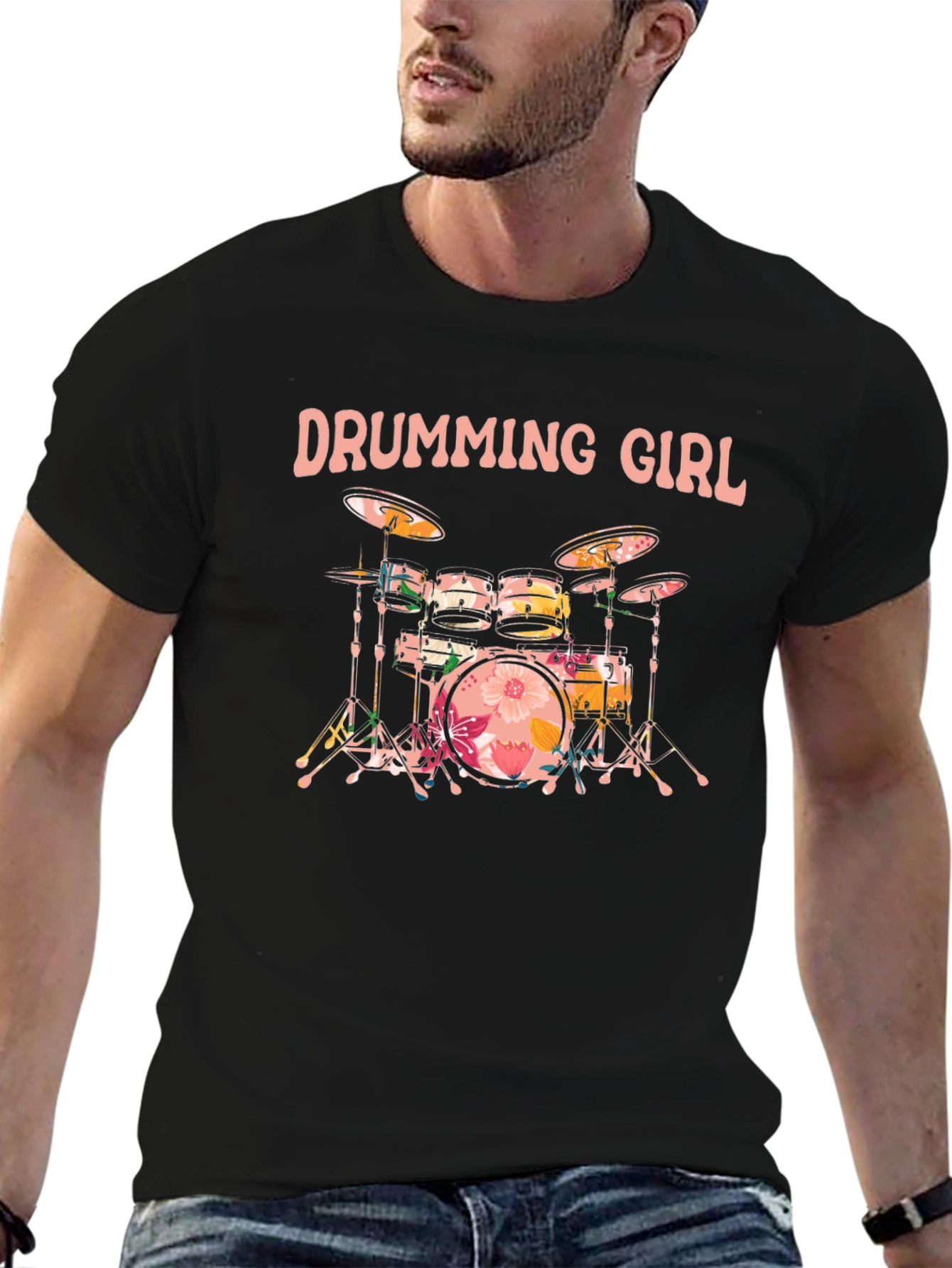 Drumming Girl Floral Drums Black T-Shirt