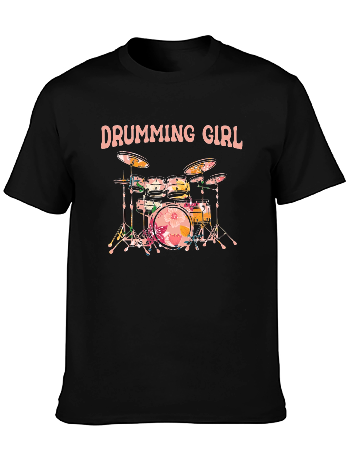 Drumming Girl Floral Drums Black T-Shirt