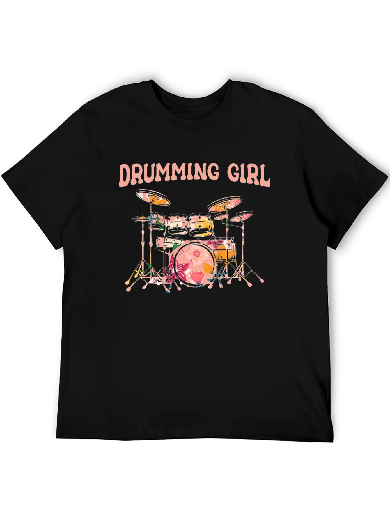 Drumming Girl Floral Drums Black T-Shirt