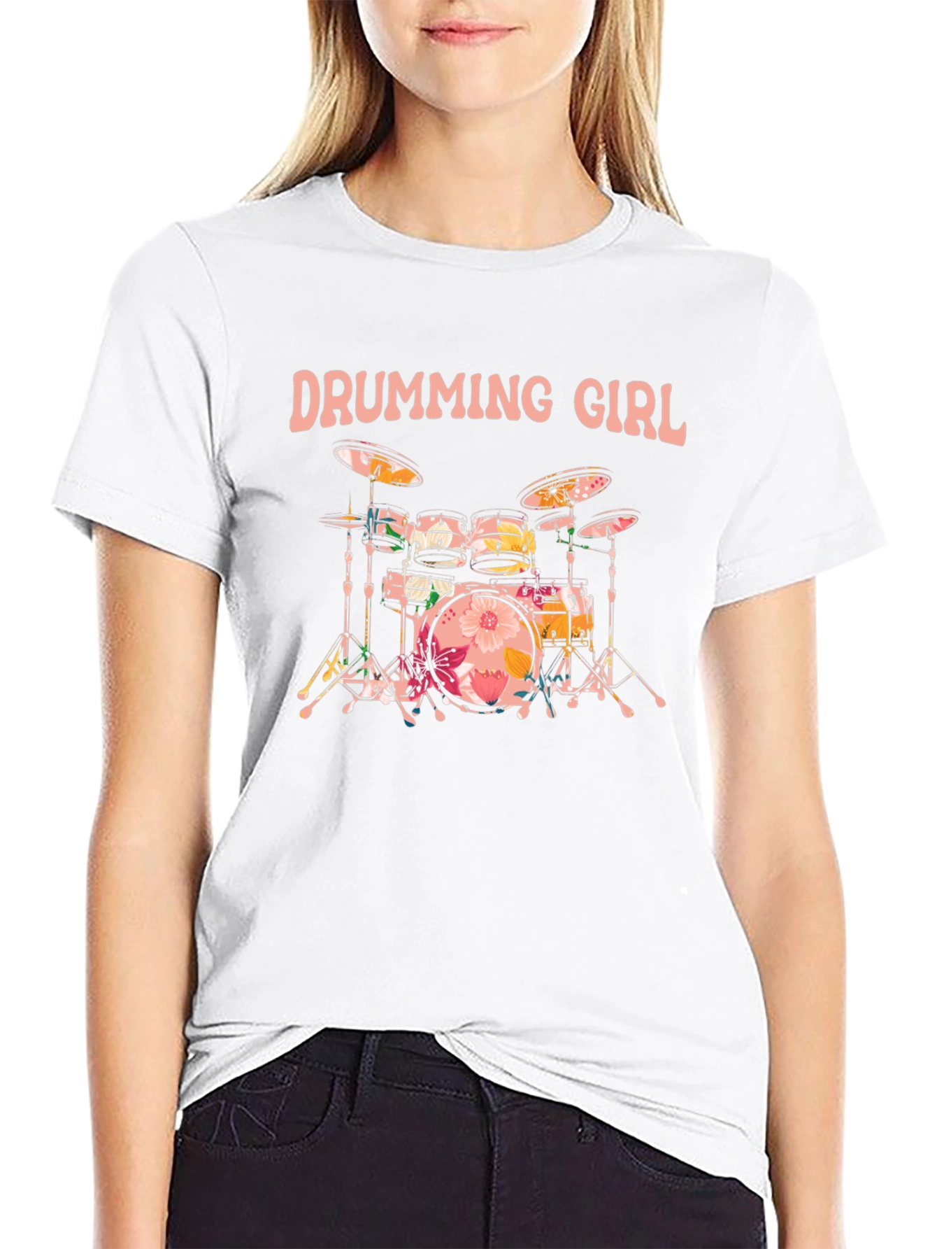 Drumming Girl Floral Drums Black T-Shirt