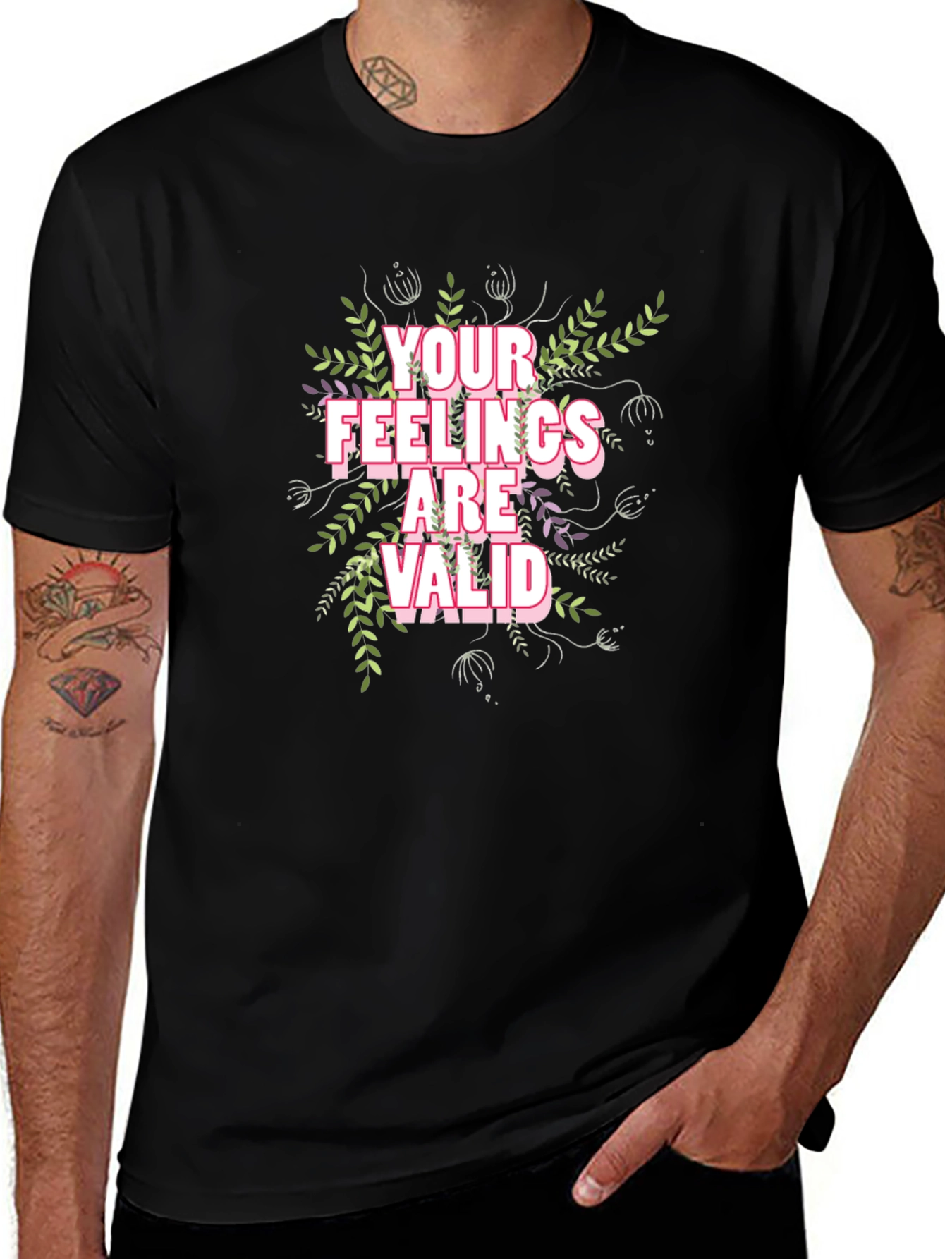 Floral Your Feelings Are Valid Black T-Shirt