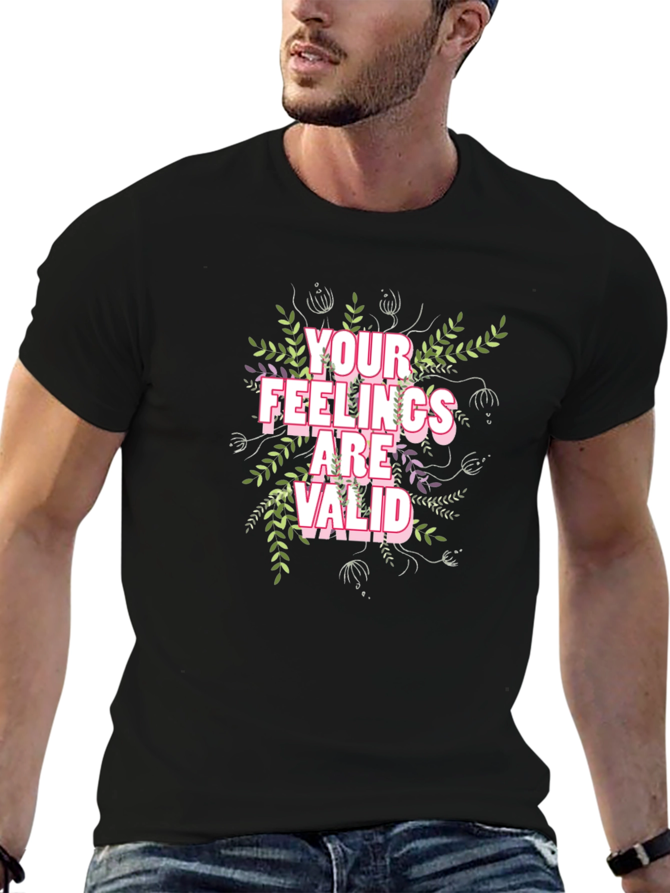 Floral Your Feelings Are Valid Black T-Shirt