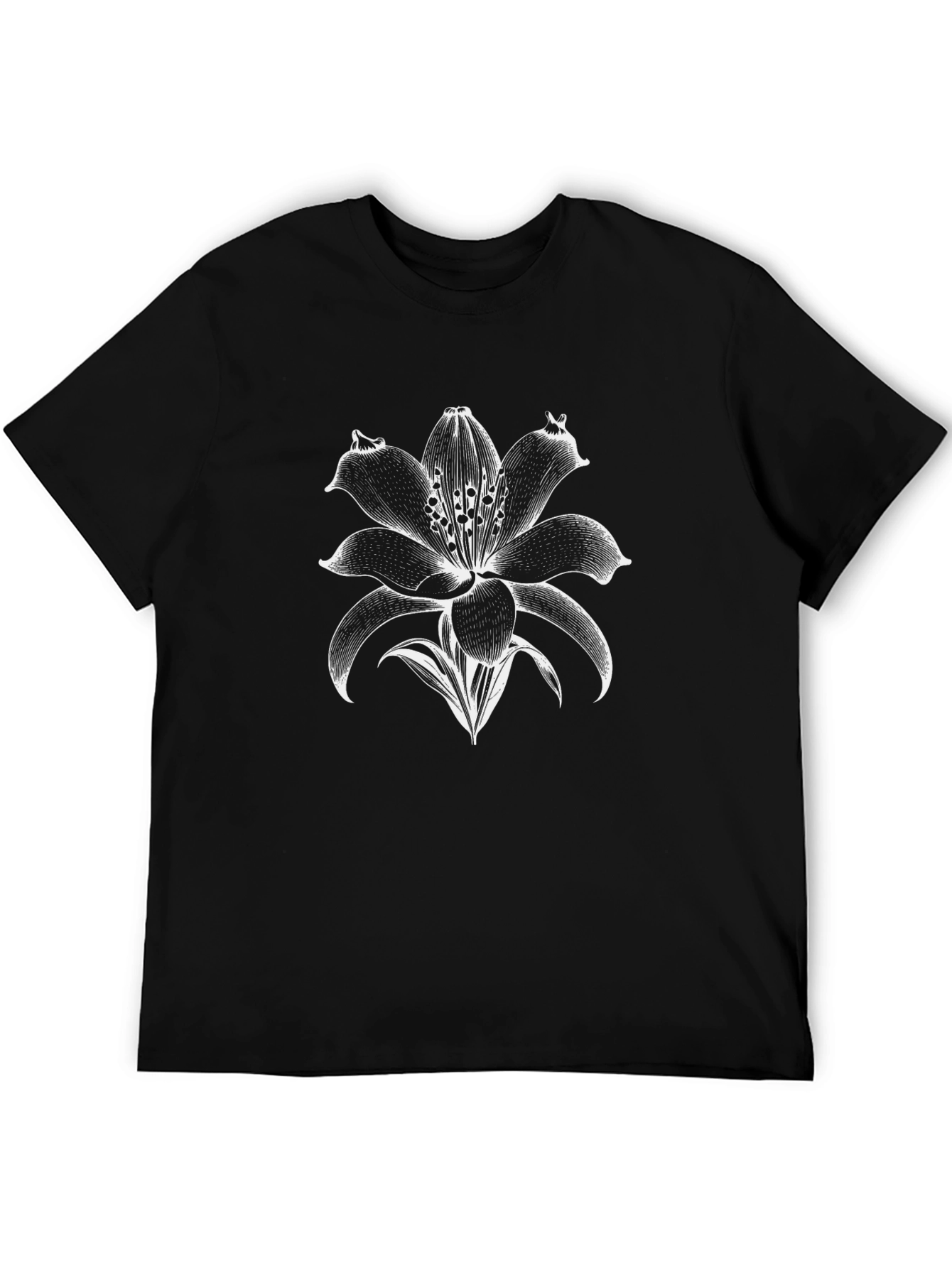 Black T-Shirt with White Floral Lily Print