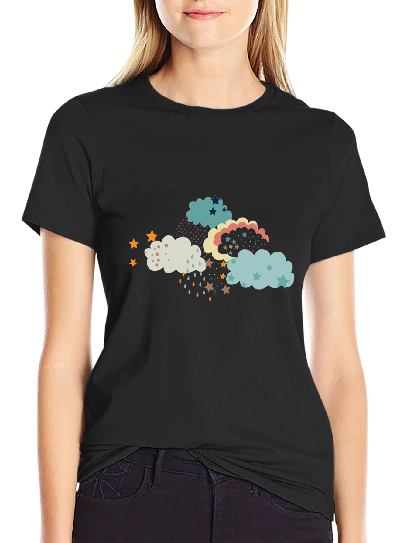 Cloud and Star Print Black T-Shirt