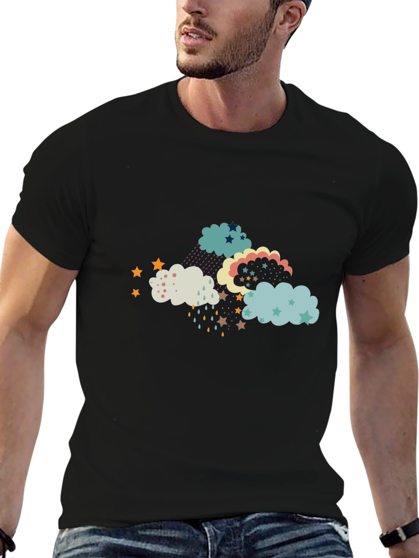 Cloud and Star Print Black T-Shirt