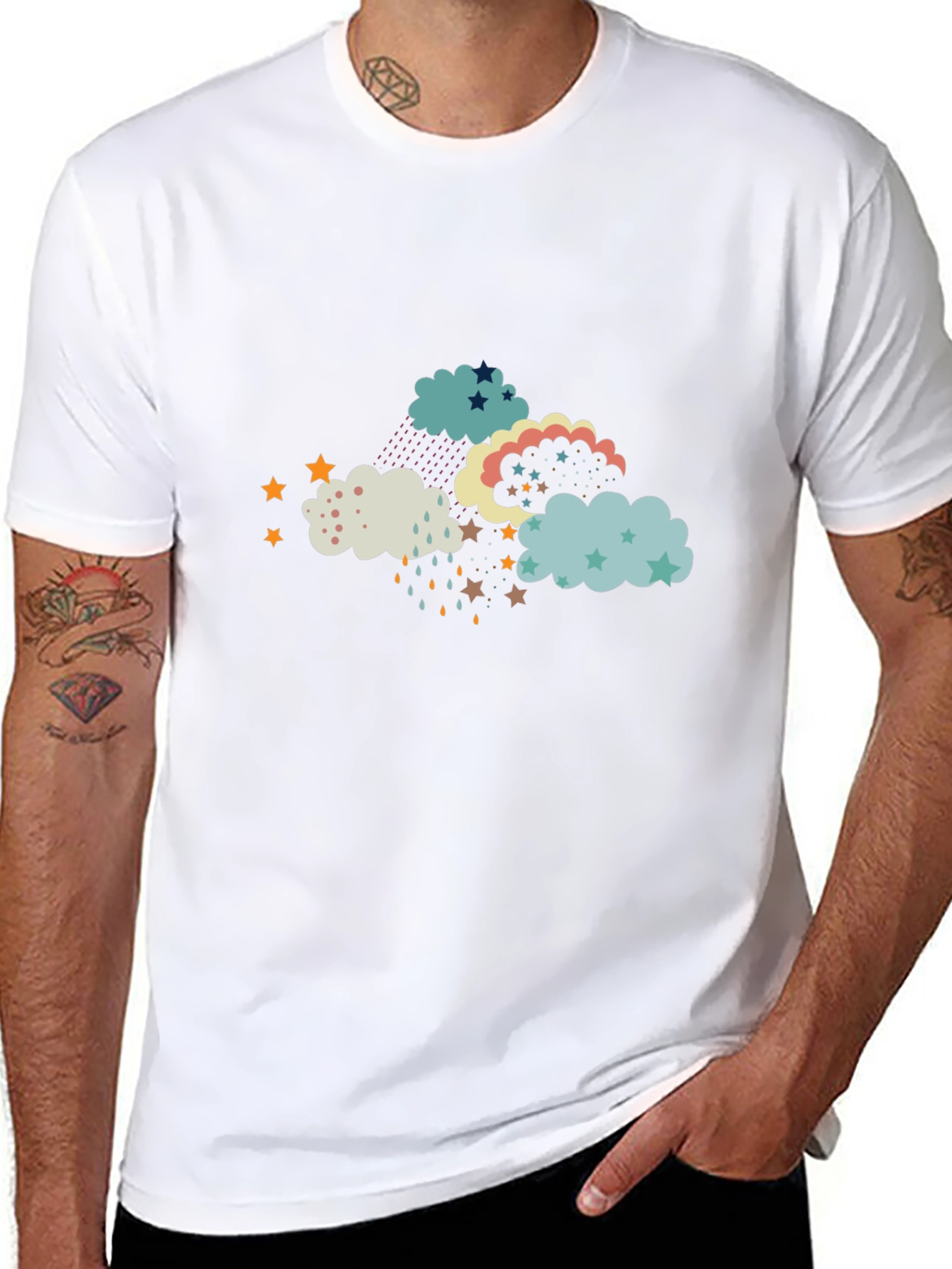 Cloud and Star Print Black T-Shirt