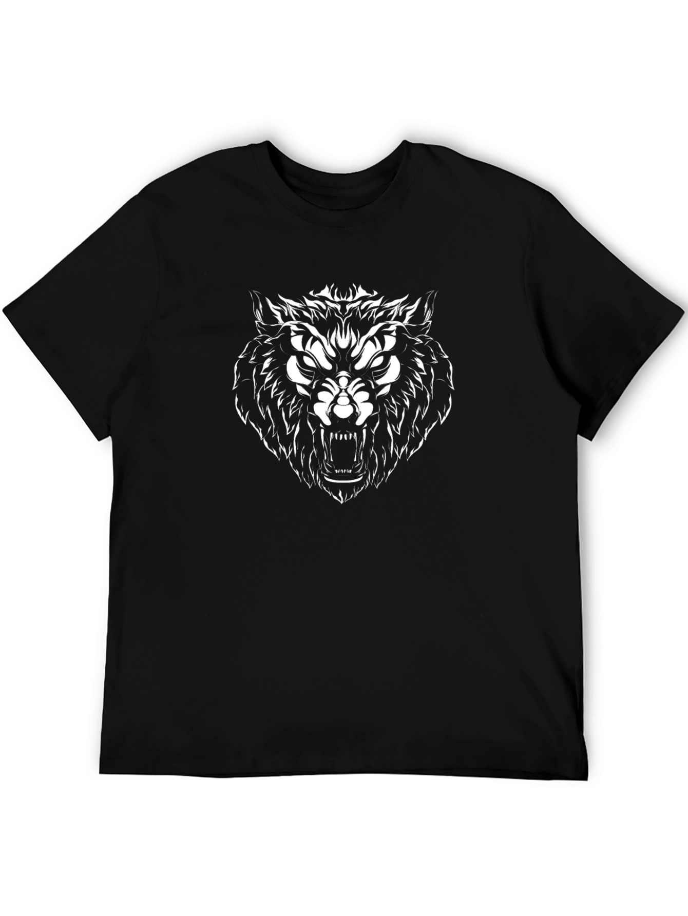 Mens Black T-Shirt with Fierce Wolf Graphic
