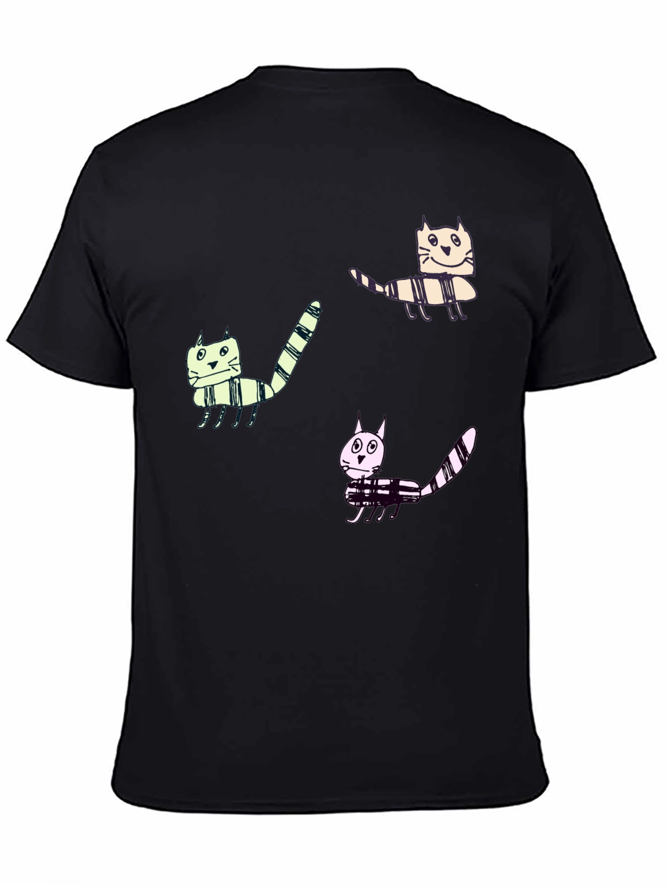 Whimsical Cat Print Black T-Shirt