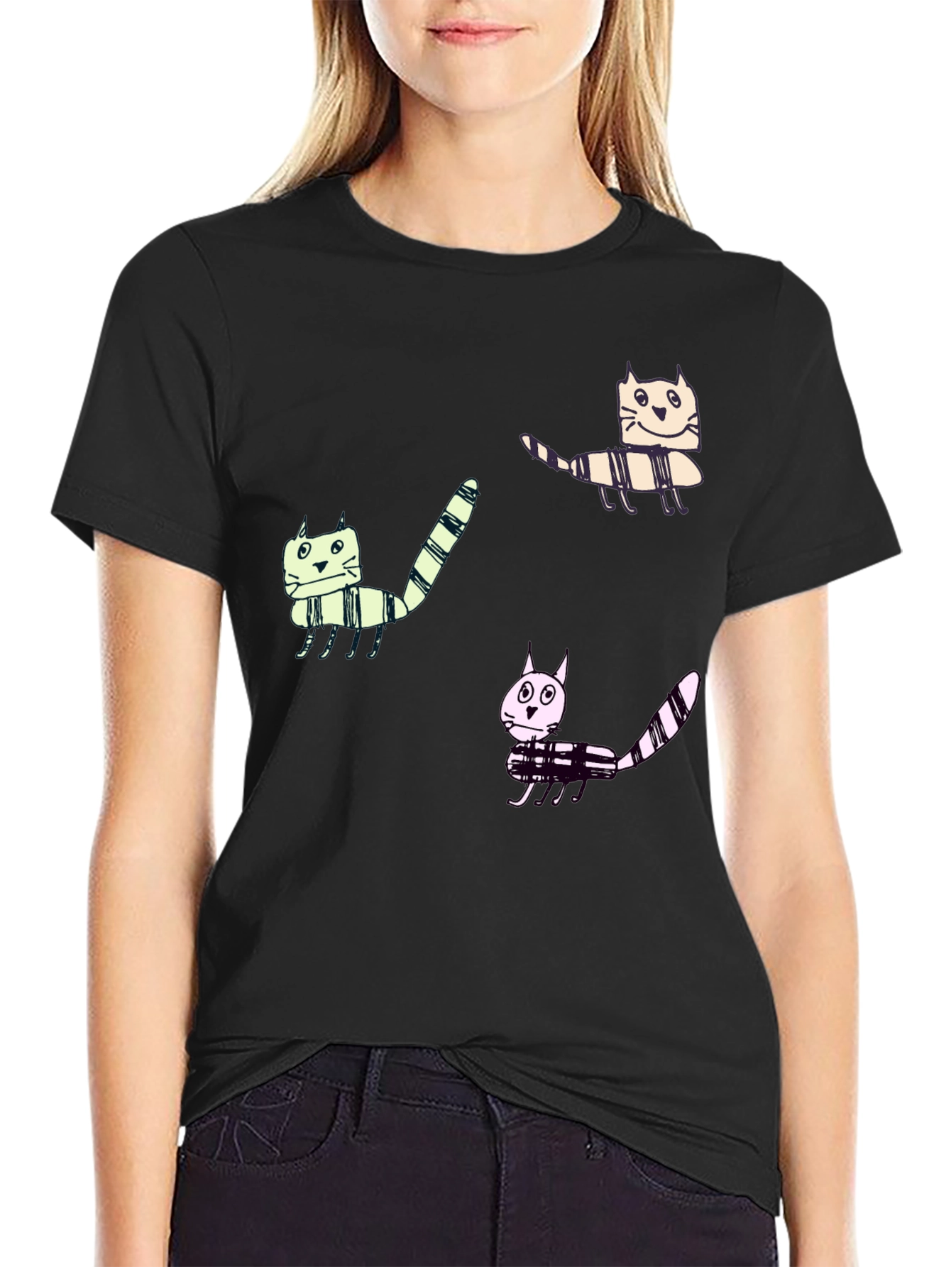 Whimsical Cat Print Black T-Shirt